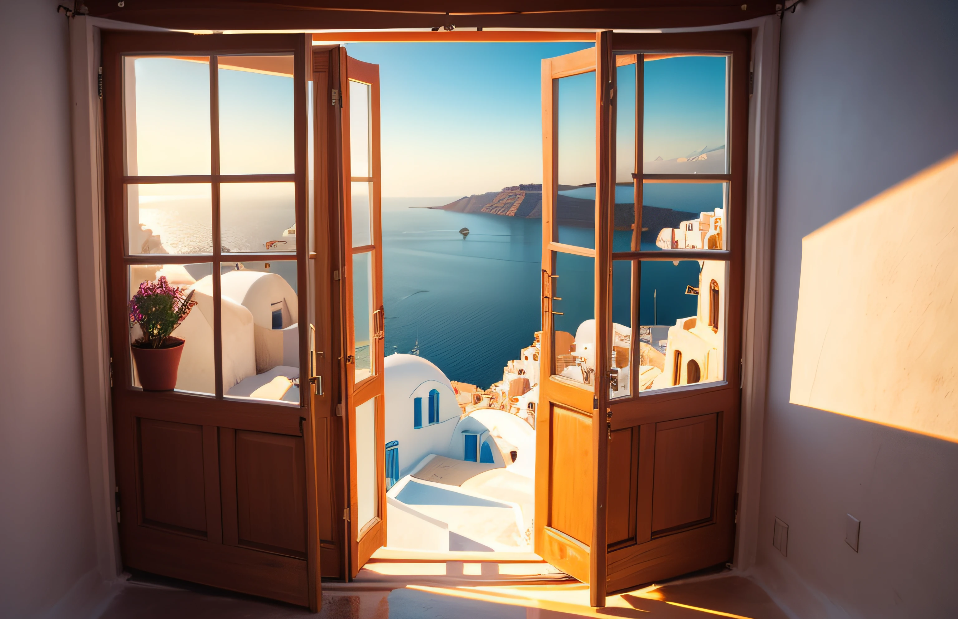 from inside look to outside Santorini through window