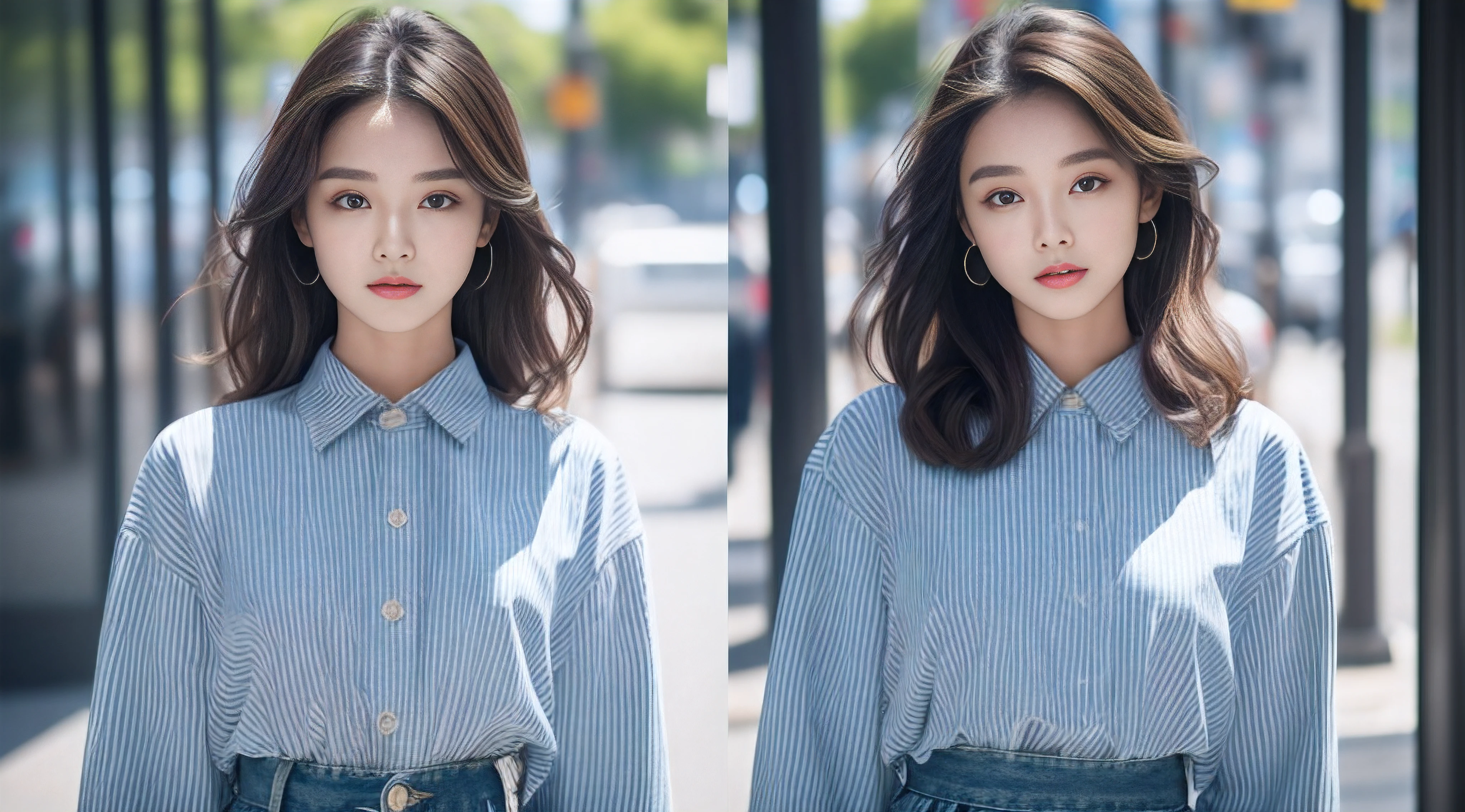 Beautuful Women、Long sleeve shirt with blue vertical stripes、Denim skirt、A detailed face、Detailed lips、A detailed eye、luslous skin、One Person、Small face