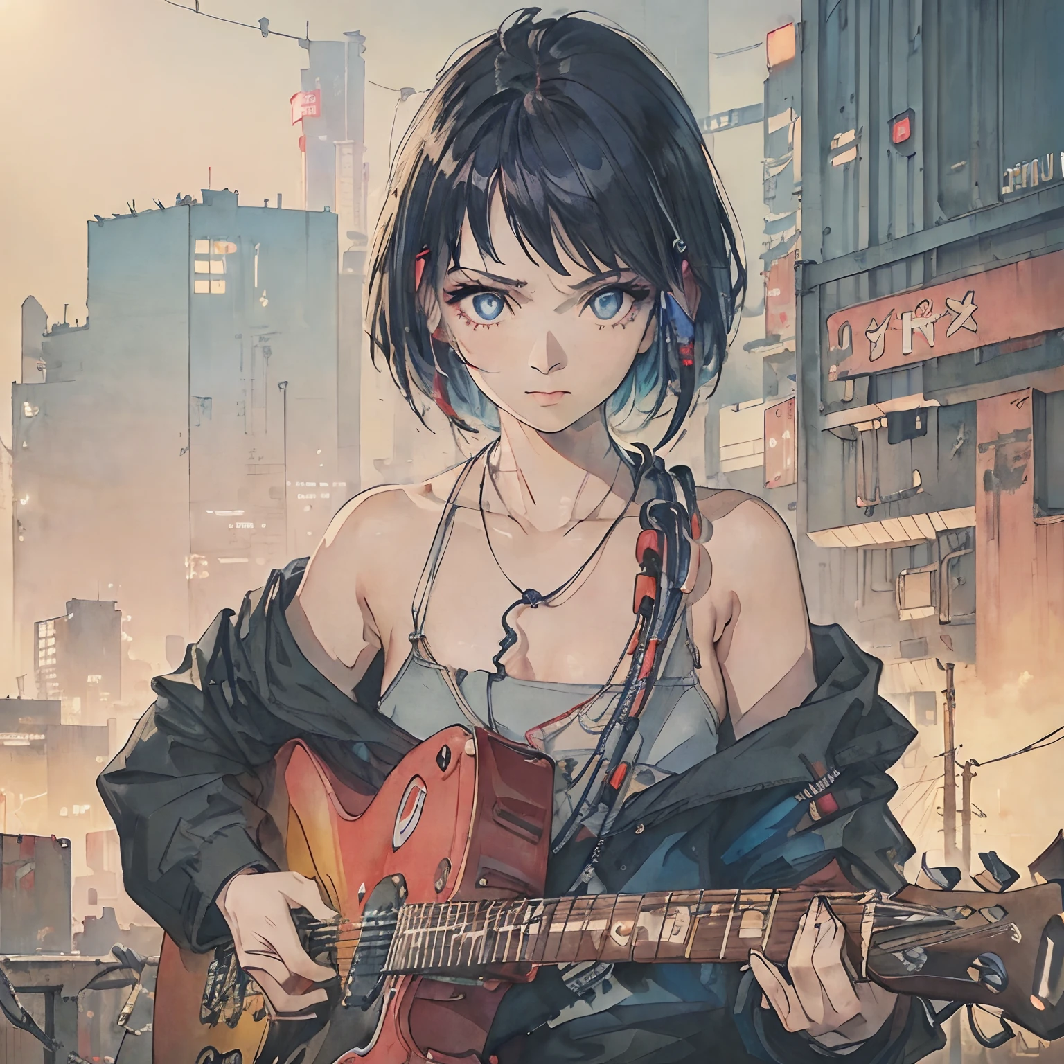 (((High quality))), (((masterpiece))) ,((( 4K))), (((Realistic))), (((High Definition))), (((CG Illustration,))) (((Anime-style CG expression))) , (((Lens Flare))), (((1 girl, guitarist))), ((Black Electric Guitar)), (((looking at viewer))), (((cowboy shot))), (((highly detailed face))), wearing a black dress, (((Blue eyes, Big eyes, long eyelashes, red short hair, flat chest))), (Cyber Headgear), Many computers, ((Many cables are connected to the container)), (((Cyberpunk))), (((Decadent))), (highly detailed city)