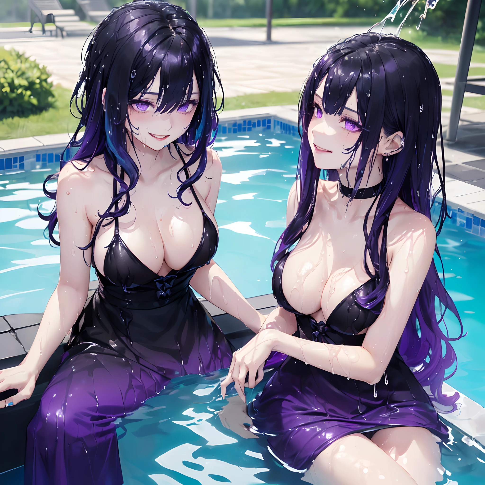 solo, ((female with long dark purple hair with black strip hair and blue hair with black gradient),(medium boobs),(princess dresses),(dripping wet body and hair),(sitting),(holding the seat),(purple eyes with black gradient), (pale skin),(smirk), ((high quality)), (extremely detailed), resting in the pool, park background, genshin impact, inspired by keqing