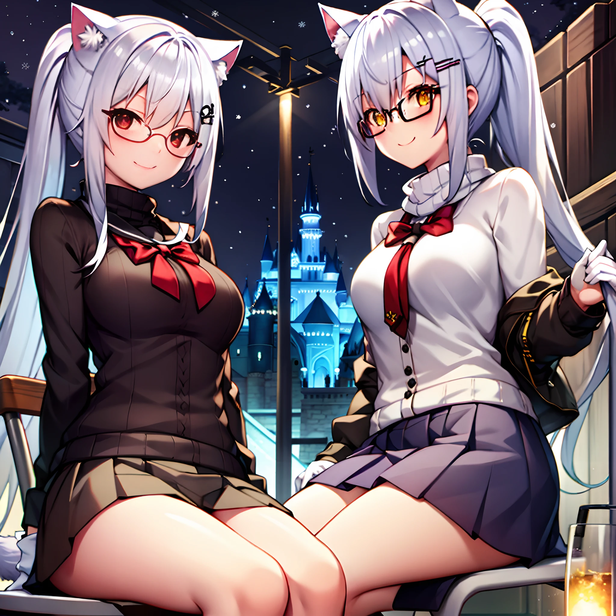 girls, white hair, yellow eye, cat ear, glasses, short skirt, school outfit, medium breast, stocking, ponytail hair style, night theme, park theme, sit on the chair, winter, medium thigh, kuudere