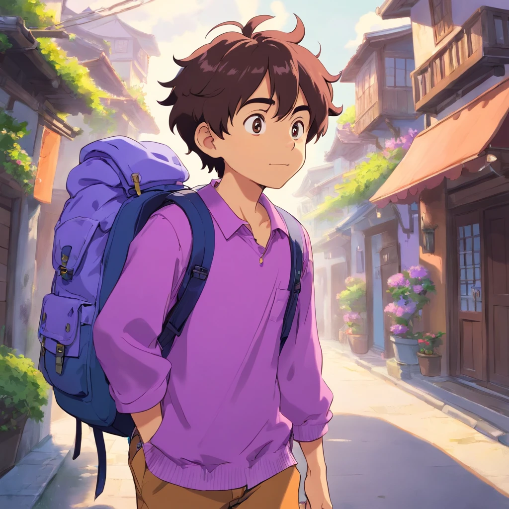 Funny boy with colorful lilac clothes and a backpack, garoto com cabelos castanhos, pele marrom, negro