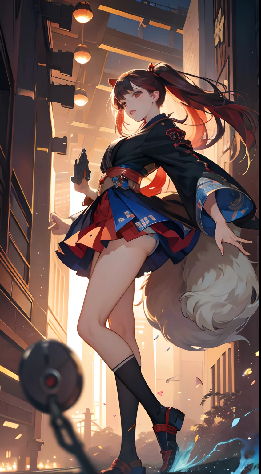 James Jean, Alphonse mucha, Japanese anime, Miniskirt high school girl walking with Cerberus in Tokyo at night, city scene, hyper detailed high resolution high definition high quality masterpiece