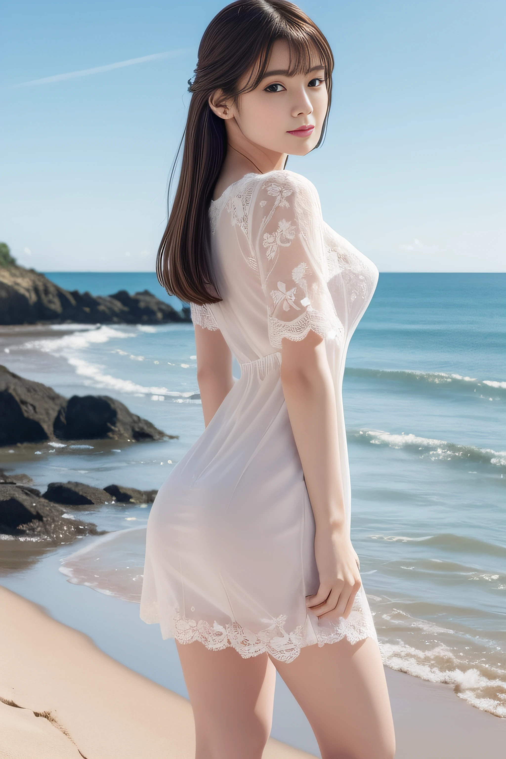 (hyperrealistic), (illustration), (high resolution), (8K), (extremely detailed), (best illustration), (beautiful detailed eyes), (best quality), (super detailed pussy), (masterpiece), (wallpaper), (detailed face), solo, (dynamic pose:1.3), 1 girl, (full body), (lace trimmed see-through summer mini dress:1.3), (perky uplifted breasts:1.2), (blush1.2), (straight cutting blunt bangs), (long hair cascading behind her both ears), long legs, tightens abs, (dynamic toes), (no panties), (no bra), (standling at beach side), (back shot)
