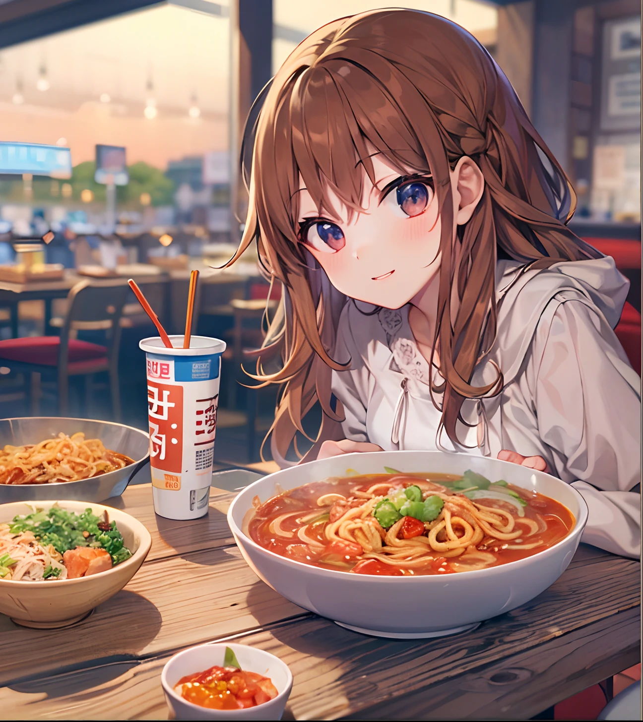 anime girl, restaurant, kimchi and instant noodles on the table