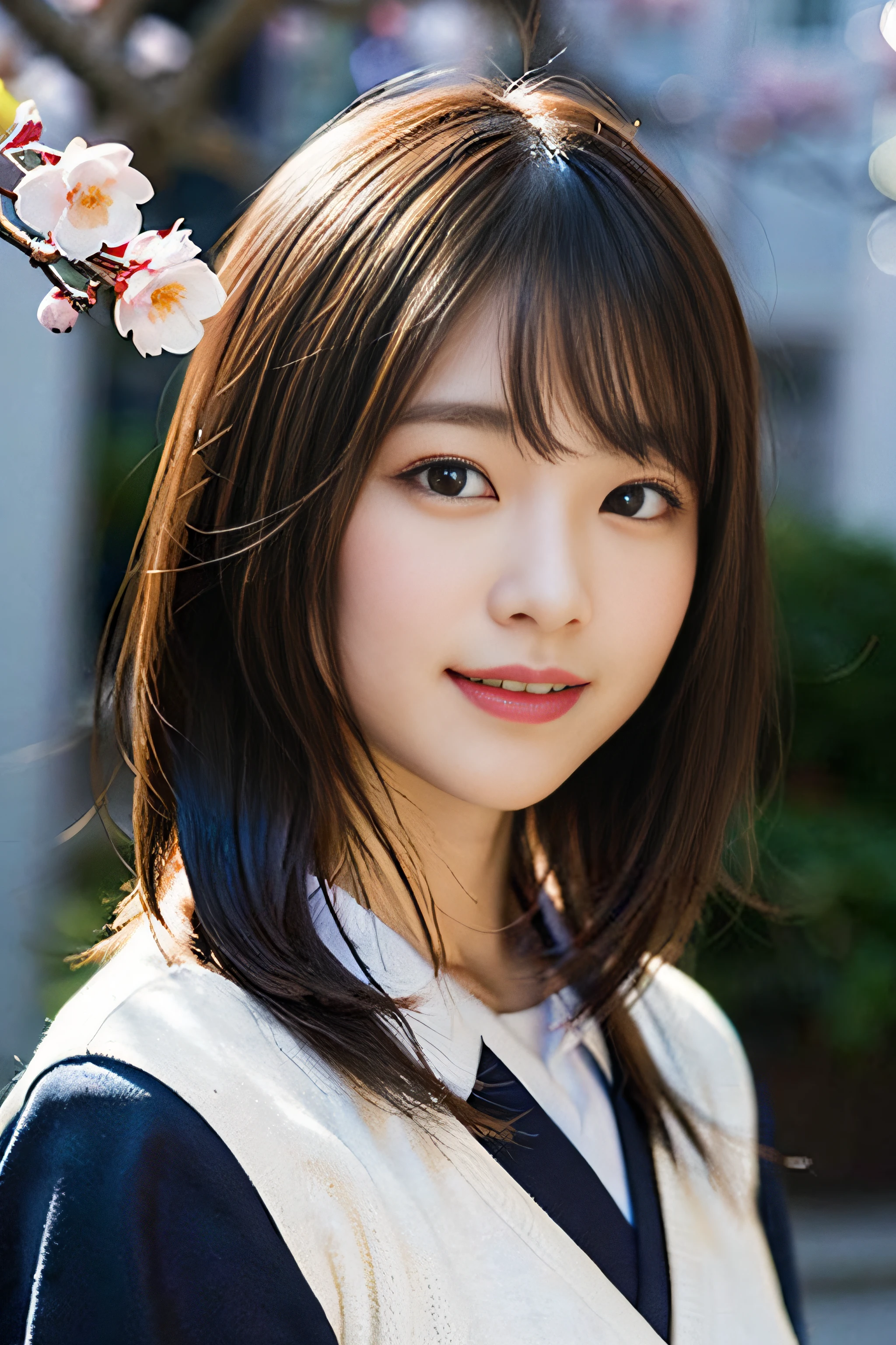 (8K、Raw photography、top-quality、masterpiece:1.2)、(realisitic、Photorealsitic:1.37)、ultra-detailliert、超A high resolution、1人、see the beholder、beautifull detailed face、A smile、Constriction、(Slim waist) :1.3)、Beautiful detailed skin、Skin Texture、Floating hair、Professional Lighting、Whole human body、Longhaire、a blond、japanese hight school uniform、hi-school girl、School route、cherry trees、Red ribbons、Bob Hair、Happy smile