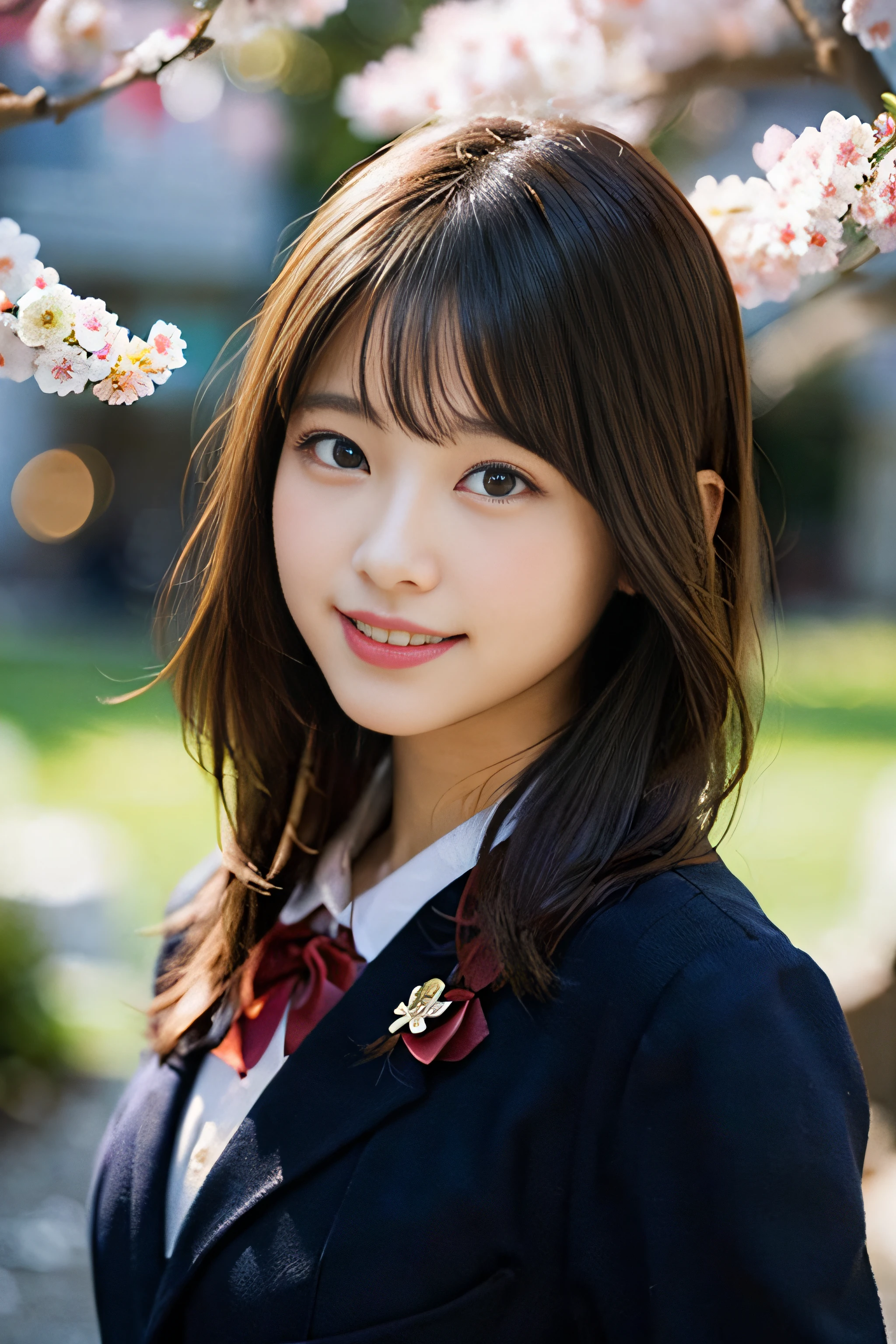 (8K、Raw photography、top-quality、masterpiece:1.2)、(realisitic、Photorealsitic:1.37)、ultra-detailliert、超A high resolution、1人、see the beholder、beautifull detailed face、A smile、Constriction、(Slim waist) :1.3)、Beautiful detailed skin、Skin Texture、Floating hair、Professional Lighting、Whole human body、Longhaire、a blond、japanese hight school uniform、hi-school girl、School route、cherry trees、Red ribbons、Bob Hair、Happy smile