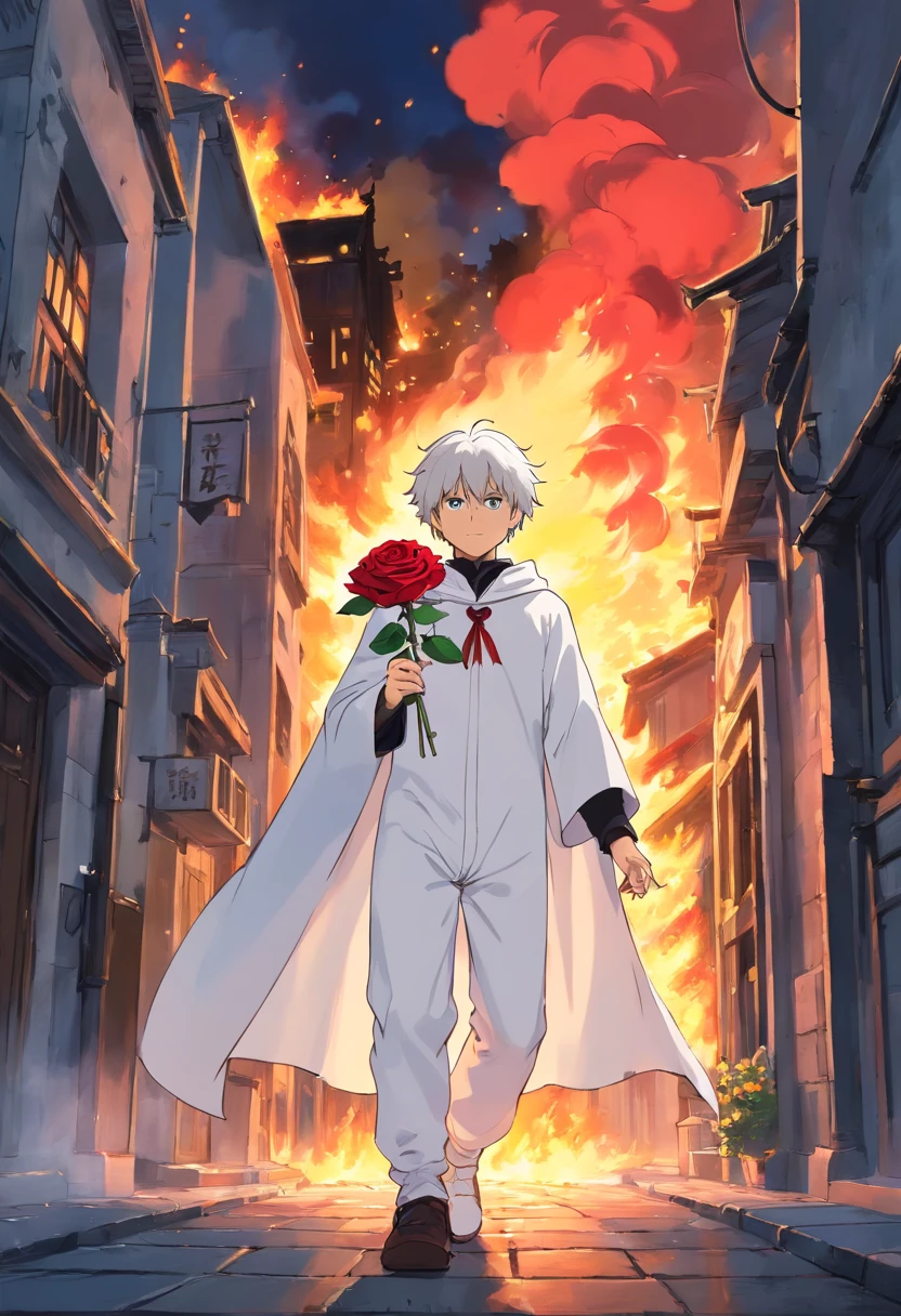 A boy with white hair in a white outfit is in a black cape holding a red rose in his left hand in front of a building on fire