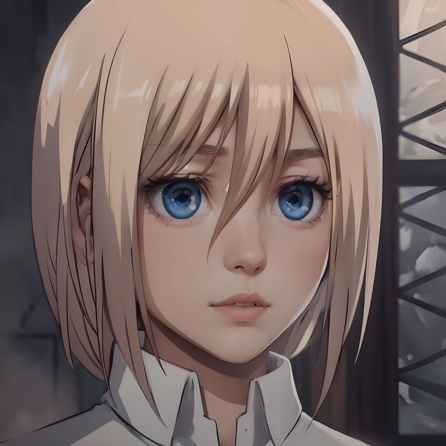historia reis,white shirt, without underwear, realistic, high quality, super HD, yellow hair,blue eyes