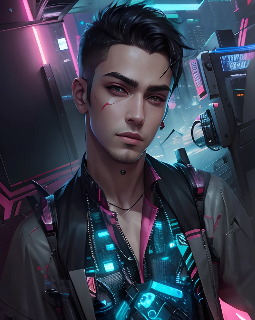 Change background cyberpunk handsome boy realistic face