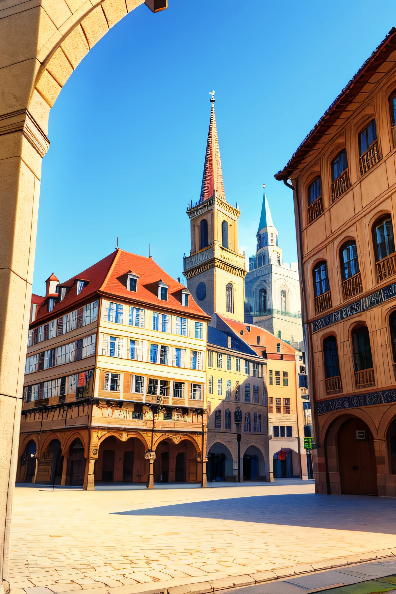 bustling, mediaeval, town square with no humans, masterpiece, best quality, ultra-detailed, illustration, day sky