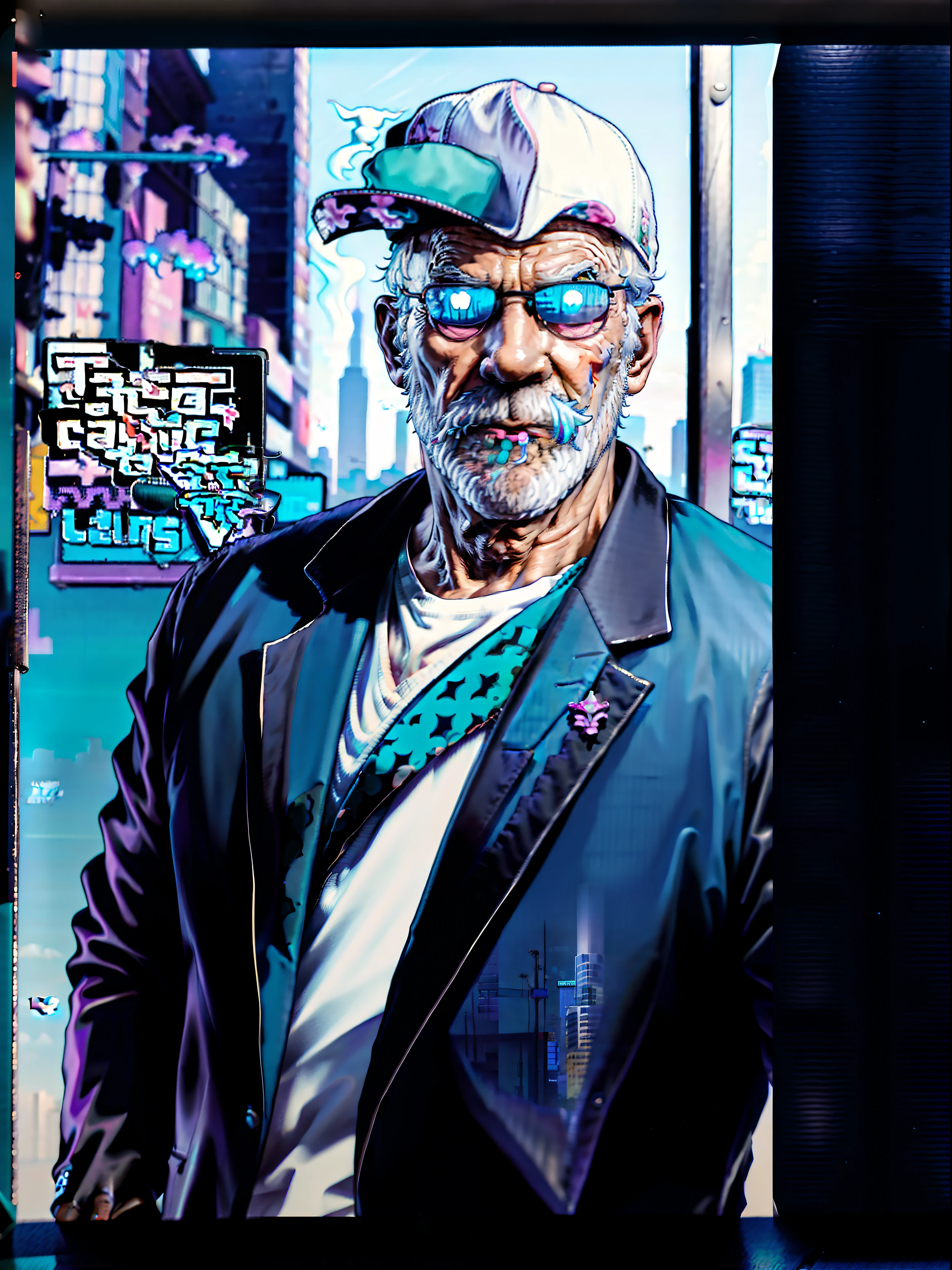 masterpiece, ultra high res, 1man, old-age man, finger after casting vote ,detail face, outdoors, city , (((MWghost))), ((bare arms)), vaporwave style, cyan style,((wearing black blazer)) , ((((GTA Loading Screen)))), GTA6, portrait, 3:4