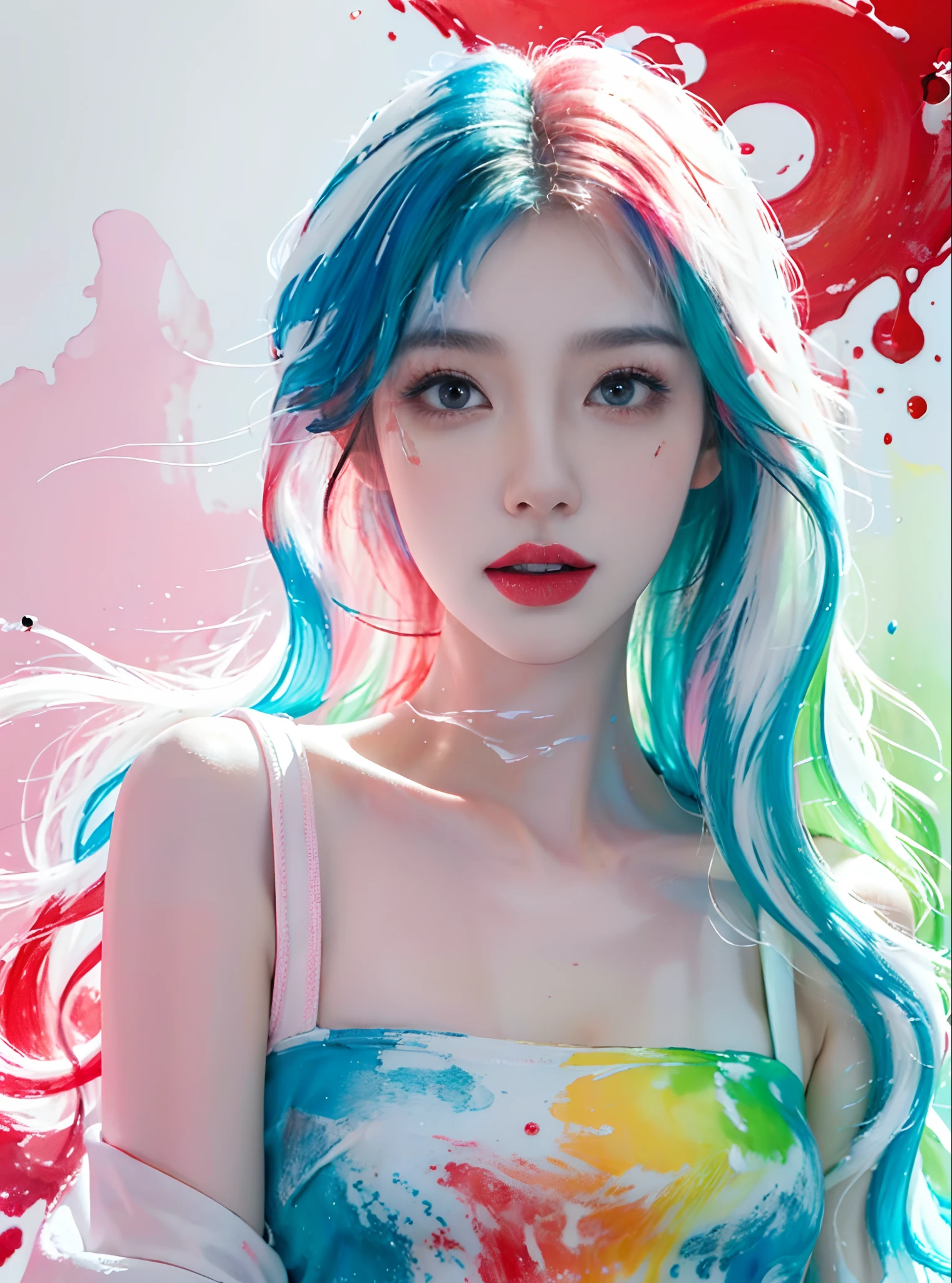 (Masterpiece, Best Quality, High Resolution), White Background, Acrylic Paint, ((Color Splash, Splash of Ink, Color Splash)), Sweet Chinese Girl, Long Light Blue and red Hair, [Light Blue|Pink] Hair, Curly Hair, Glitter, Peach Lips, White Shirt, Front, Upper Body