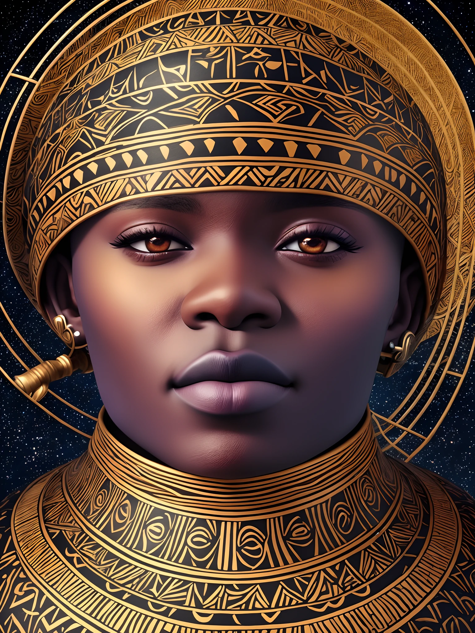 Very detailed, beautiful:1.4, (20 age African girl perfect female theme), (perfect eyes:1.2), posed for a portrait, (translucent aura of zodiac wheel:1.2), (accurate dress), (intricate [urban/ ethereal/space/fantasy ] background), (surreal/horror/romantic atmosphere) dynamic angle, muscular, ethereal, dressed in Armor with gold trim and diamonds.