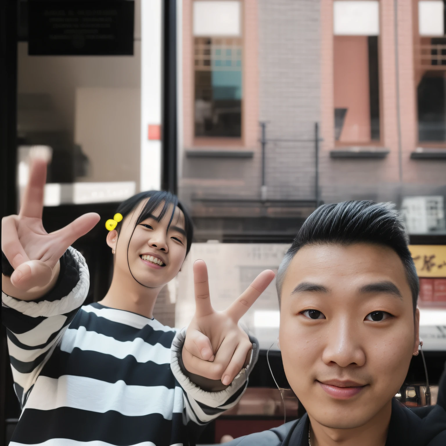 there are two people that are posing for a picture together, kda and sam yang, snapchat photo, jin shan and ross tran, ((oversaturated)), in front of ramen shop, blurred photo, 😭🤮 💔, jordan grimmer and natasha tan, [ realistic photo ]!!, akehiko inoue and ross tran, in a coffee shop