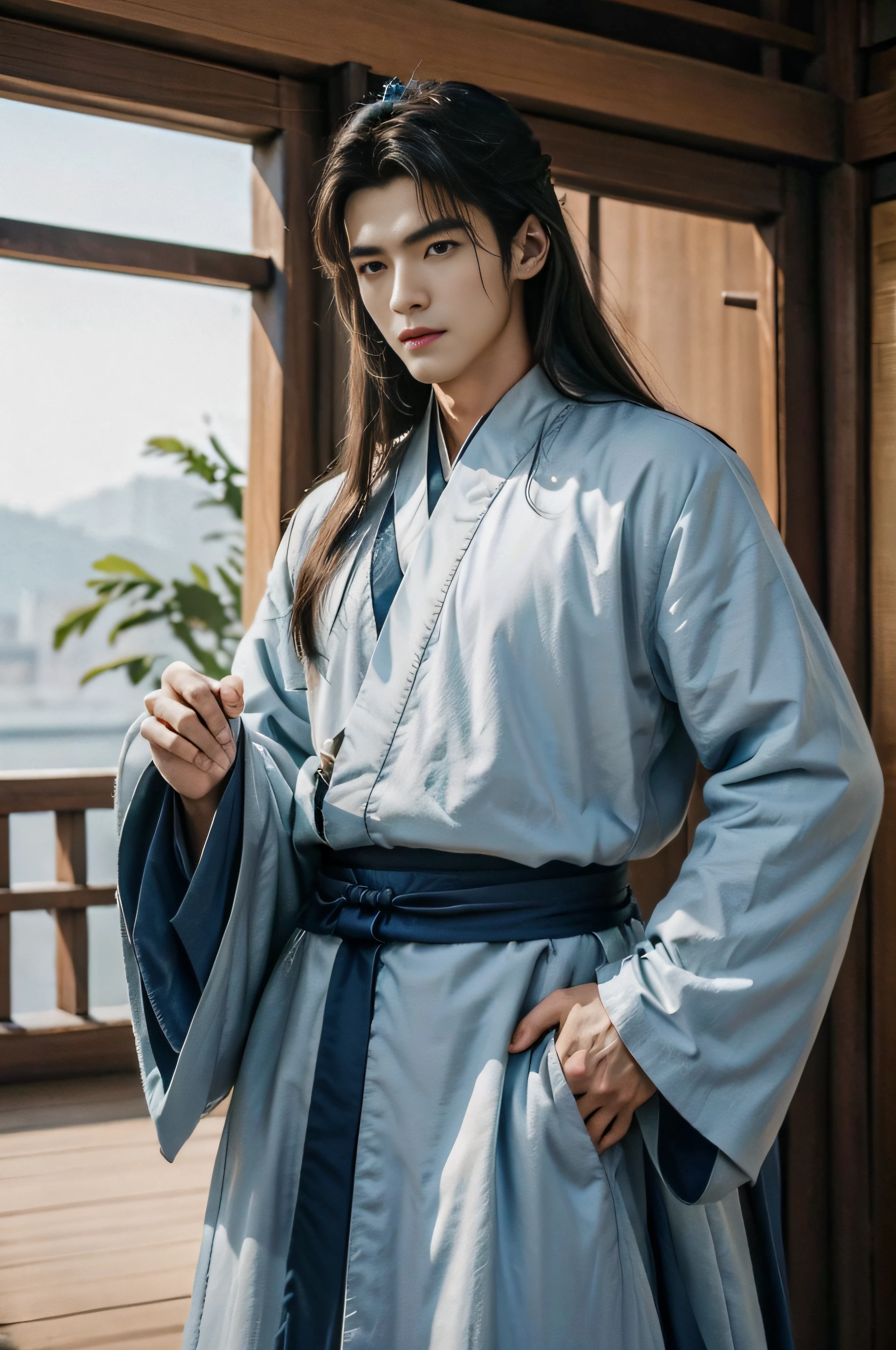 1 man,Very handsome,Long hair in period costume,Masterpiece,Best quality,A high resolution,Gufeng man,Upper body,Abs, chest muscle,Open the tulle coat,Hanfu