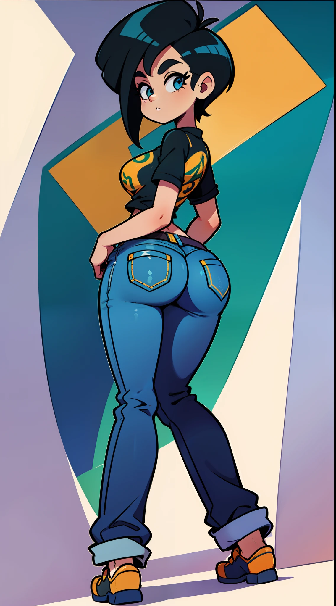 Garota, cabelo longo preto com mecha roxa na frente, camisa branca, couro, short, Jeans Pants, fundo branco, bunda grande, massive ass, brasil, brazil