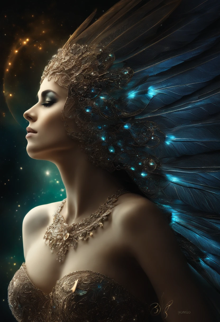 cosmic fallen angel, olhos claros brilhantes, Biomechanicals, estranho, assustador, Pesadelo, cores muito brilhantes, light particles, com luz brilhante, Mshiff, Arte do papel de parede, Papel de parede