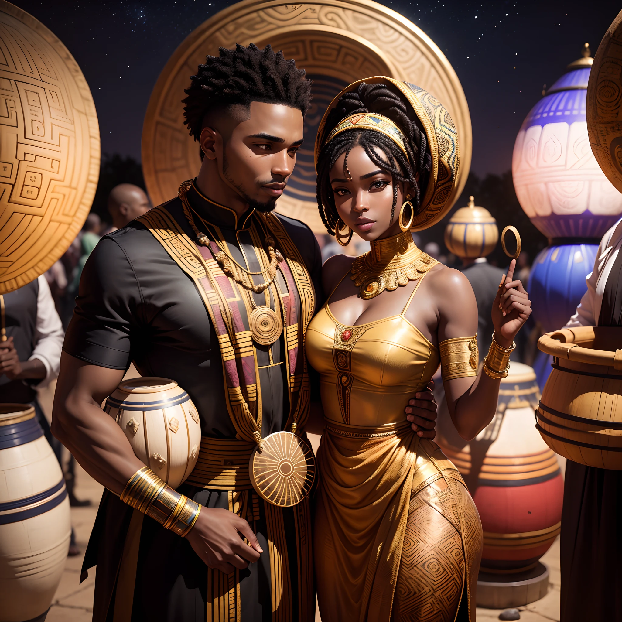 Traditional futuristic African marriage of a black man and black woman both wearing African designed clothes, surrounded by people carrying pots and african designed instruments like drums, full of coloured African designed instruments,  in an empty area full of celebrating congregation carrying african instruments and african designed pots, night time with a white moon shining a beautiful vibrant light,  with iridescent light, photorealistic image, 32k, ultra HD, cinematic lighting, artgerm style