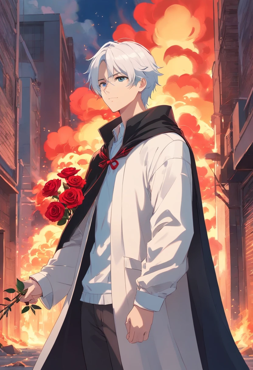 A young white-haired age man in a white outfit stands in a black cape holding a red rose in his left hand in front of a burning building