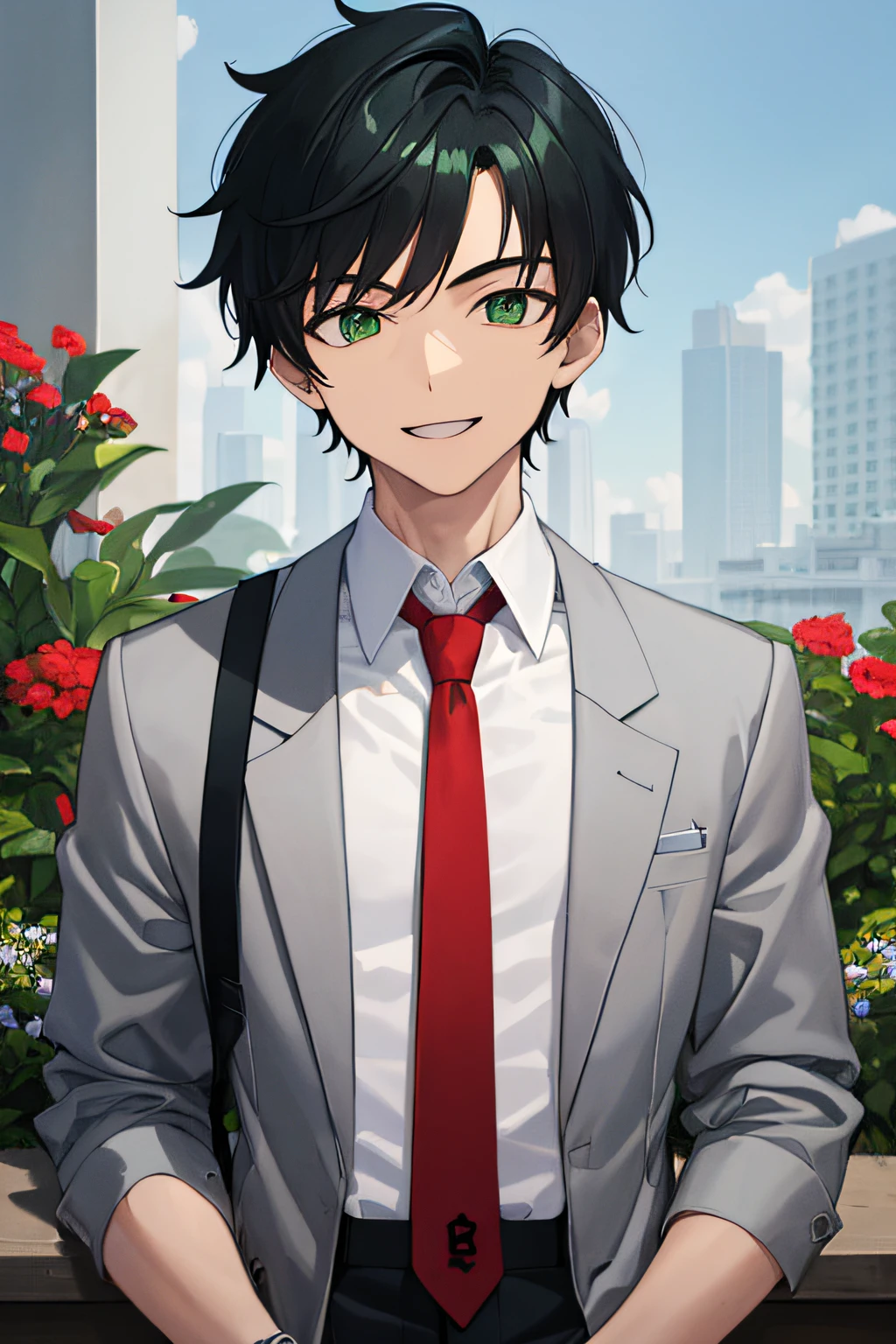 Teenage MAN, boy, (masterpiece, best quality), KujouCSA, break, 1boy, (Teenager), 15 years old, (((15 years))) high school student, alone,  white school uniform, gray jacket, open jacket, red tie,Light skin, short jet black hair styled with a line in the middle, emerald green eyes, attractive, teenager, toned pecs, muscular arms, bull neck, smile, aesthetics, look at viewer, upper body photo, university classroom, rest, garden manor