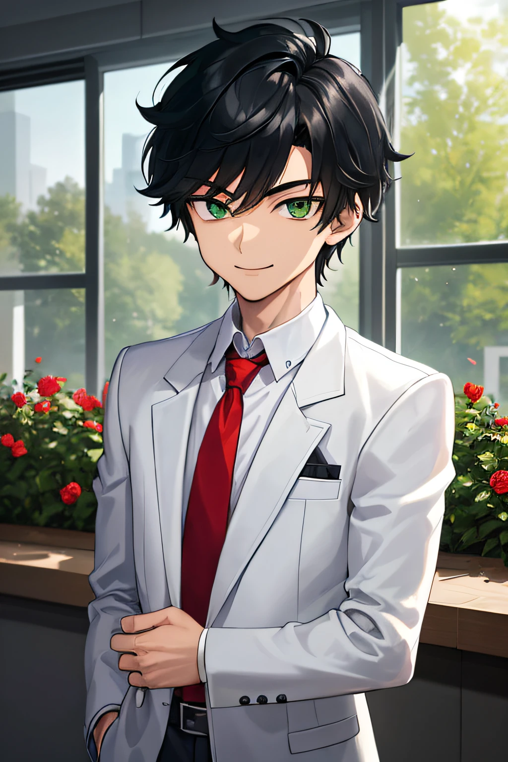 Teenage MAN, boy, (masterpiece, best quality), KujouCSA, break, 1boy, (Teenager), 15 years old, (((15 years))) high school student, alone,  white school uniform, gray jacket, open jacket, red tie,Light skin, short jet black hair styled with a line in the middle, emerald green eyes, attractive, teenager, toned pecs, muscular arms, bull neck, smile, aesthetics, look at viewer, upper body photo, university classroom, rest, garden manor