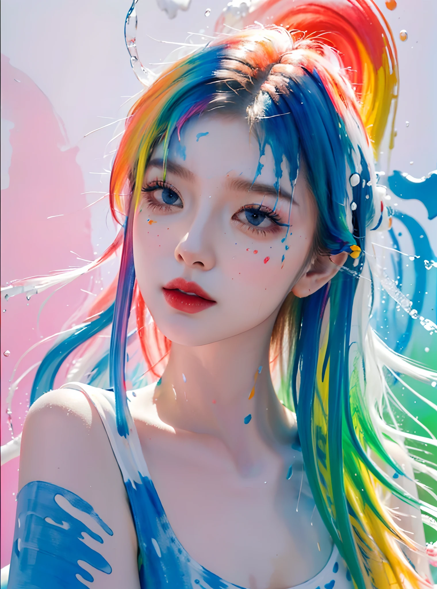 (Masterpiece, Best Quality, High Resolution), White Background, ((Paint Splash, Color Splash, Splash of Ink, Color Splash)),, Sweet Chinese Girl, Rainbow Hair, Peach Lips, Front, Upper Body