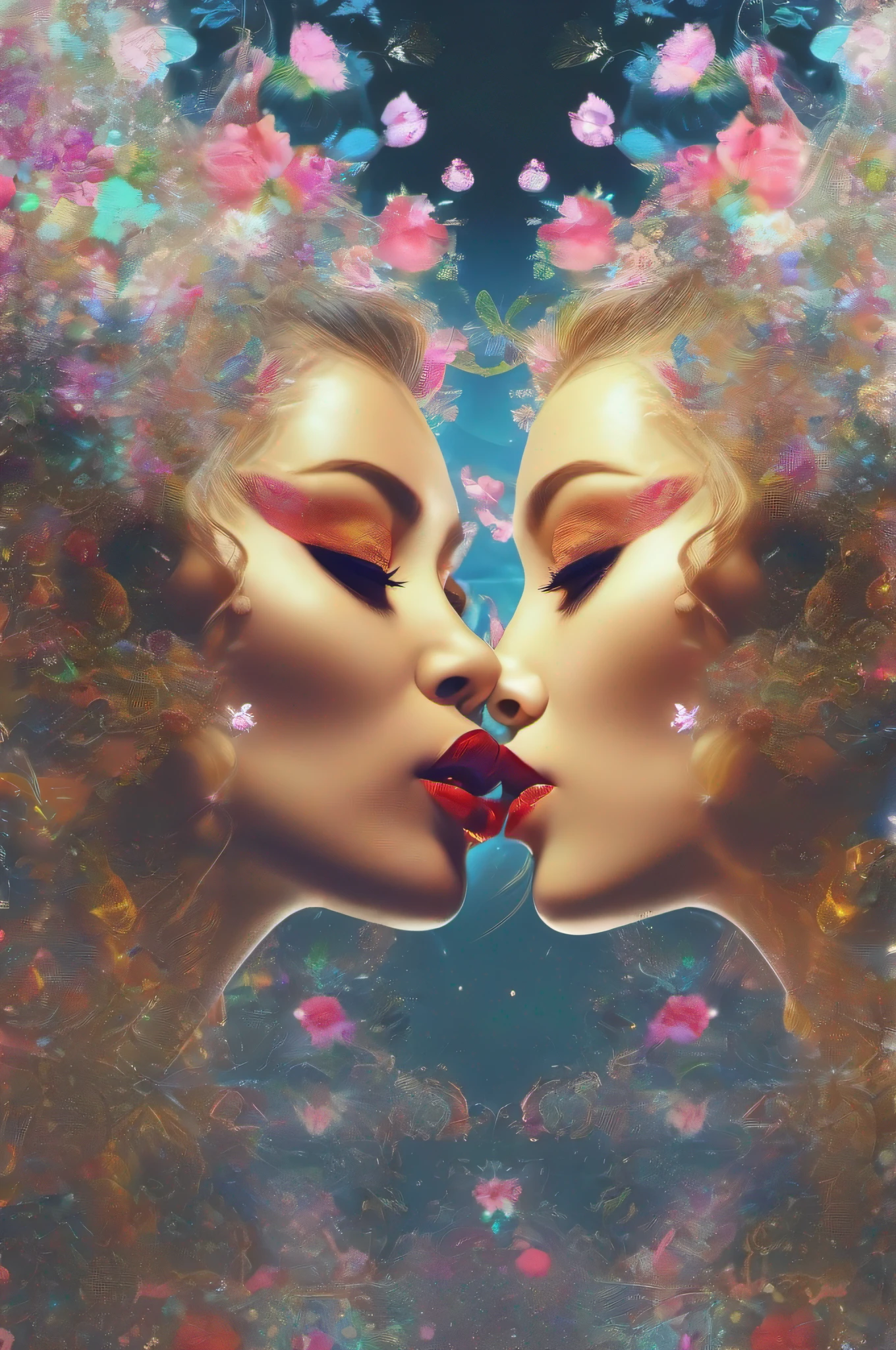 Two beautiful women kiss superimposed double exposure kiss pose love pose erotik pose profile fine art body study intimate detailed face detailed eyes by Jean Bapstiste Monge Takashi Murakami Yoh Nagao lisa. HDR,  UHD 32k. --AR 16:9, --v 5.2, -- seed 777