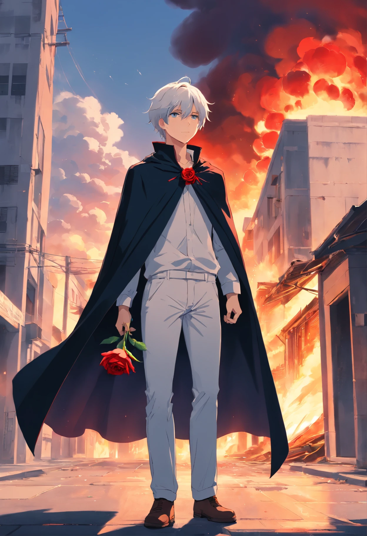 A young white-haired teenage man in a white outfit stands in a black cape holding a red rose in his left hand in front of a burning building