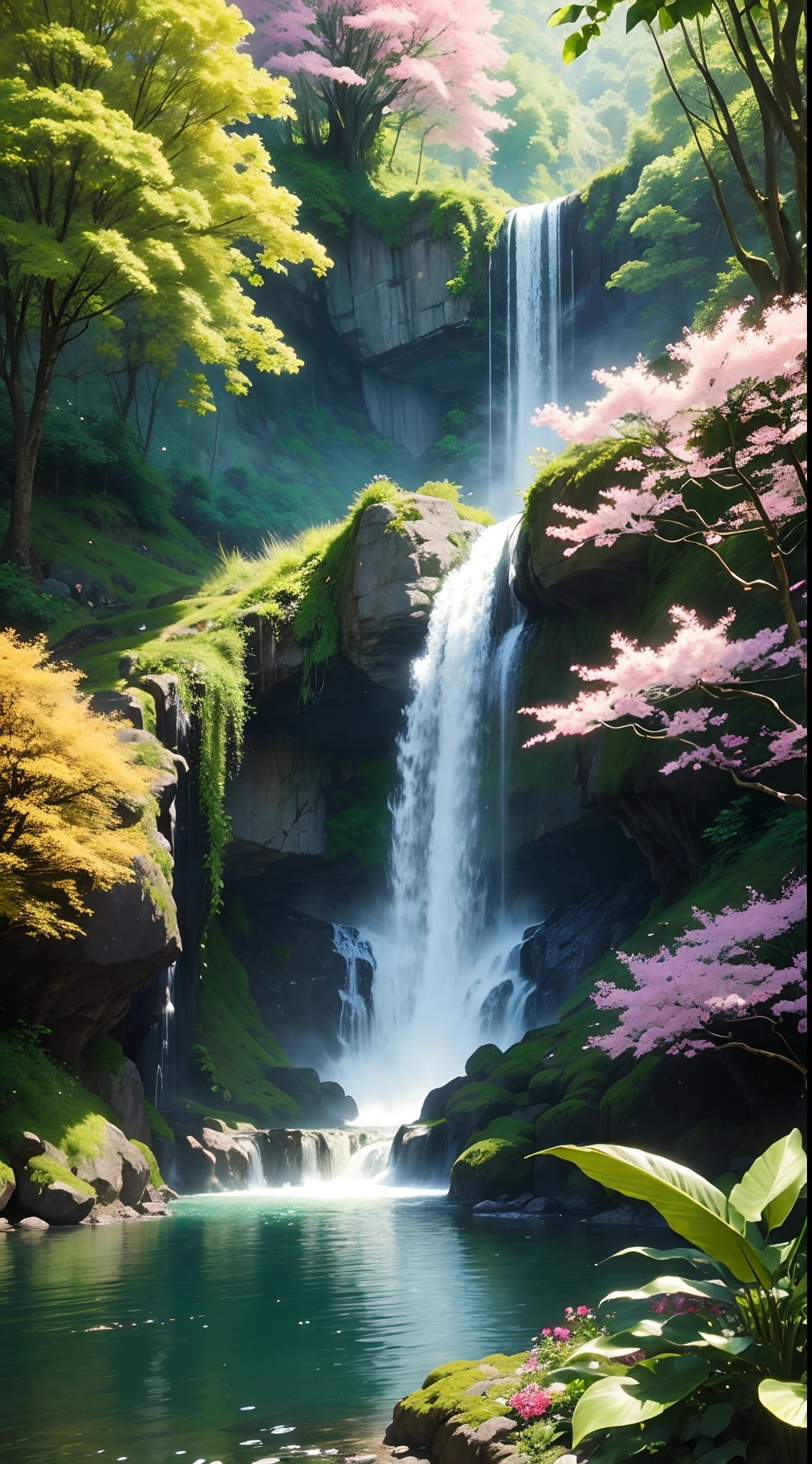 beste-Qualit, Ultra-detailed, jungle fantastique de fleurs de printemps, Huge sizes of colorful flowering trees, Large green leaf with a waterfall in the background, profondeur de champ, grain de film, professional lighting, Colorful scene