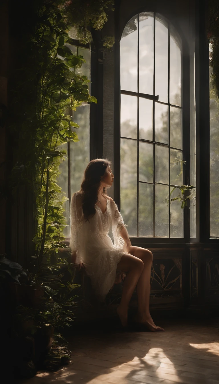 A girl watching the rain on the windowsill,is very beautiful,Delicate makeup,Perfect facial features,Asian face,black color hair,pretty eyes,A deep,Blurred,looks out the window,Light-colored clothes,White skin of the,Extremely detailed CG,8k ultra HD wallpaper,tmasterpiece,best qualtiy,(pastelcolor,soothing tones:1.3),(Natural skin texture,hyper photorealism),(Photographic works),(Courtyard series),optic,with light glowing,a plant,Rich in detail,(deep in the night:1.4),(真实感),windowsill,A body that conforms to the structure of the human body,Beautiful posture,Beautiful and detailed,(High-density imaging:1.4)
