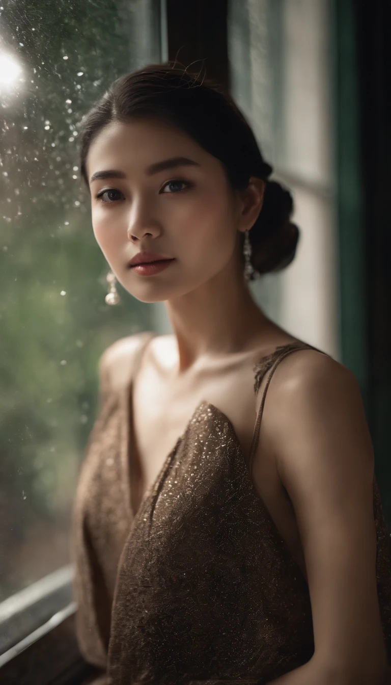 A girl watching the rain on the windowsill，is very beautiful，Delicate makeup，Perfect facial features，Asian face，black color hair，pretty eyes，A deep，Blurred，looks out the window，Light-colored clothes，White skin of the，Extremely detailed CG，8k ultra HD wallpaper，tmasterpiece，best qualtiy，(pastelcolor，soothing tones：1.3)，（Natural skin texture，hyper photorealism），（Photographic works），（Courtyard series），optic，with light glowing，a plant，Rich in detail，（deep in the night：1.4），（真实感），windowsill，A body that conforms to the structure of the human body，Beautiful posture，Beautiful and detailed，（High-density imaging：1.4）