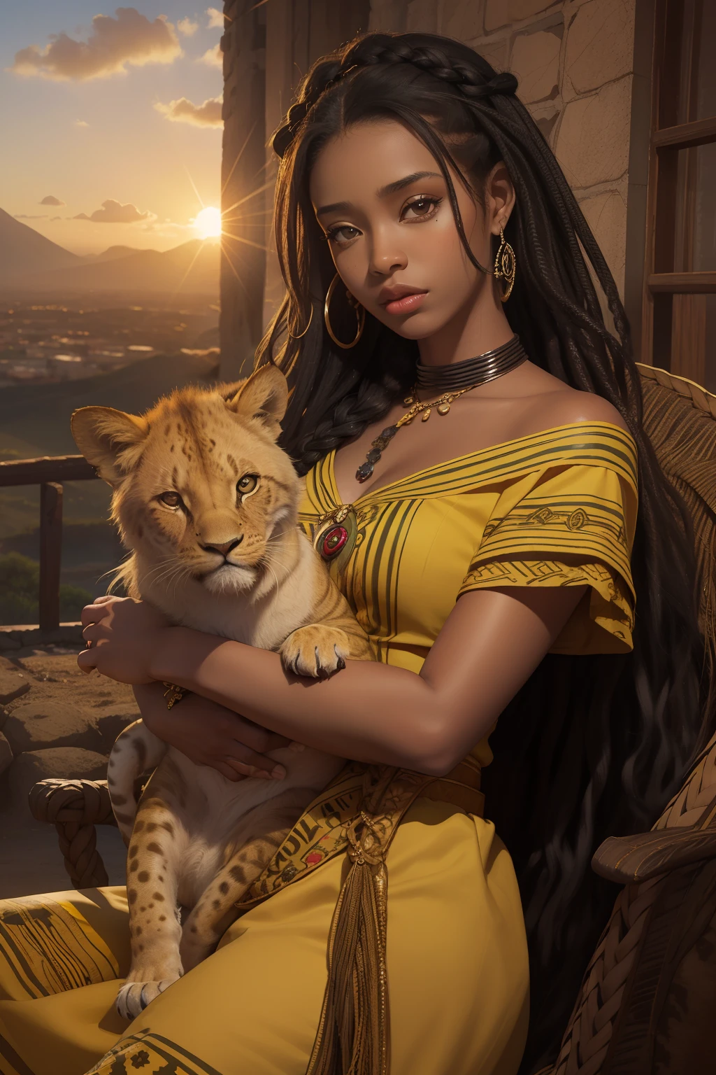 uma antiga princesa africana, linda, bela, braided black hair, pele negra, South Africa at sunset Inspired by Africa, Holding a lion cub, serene expression, savana