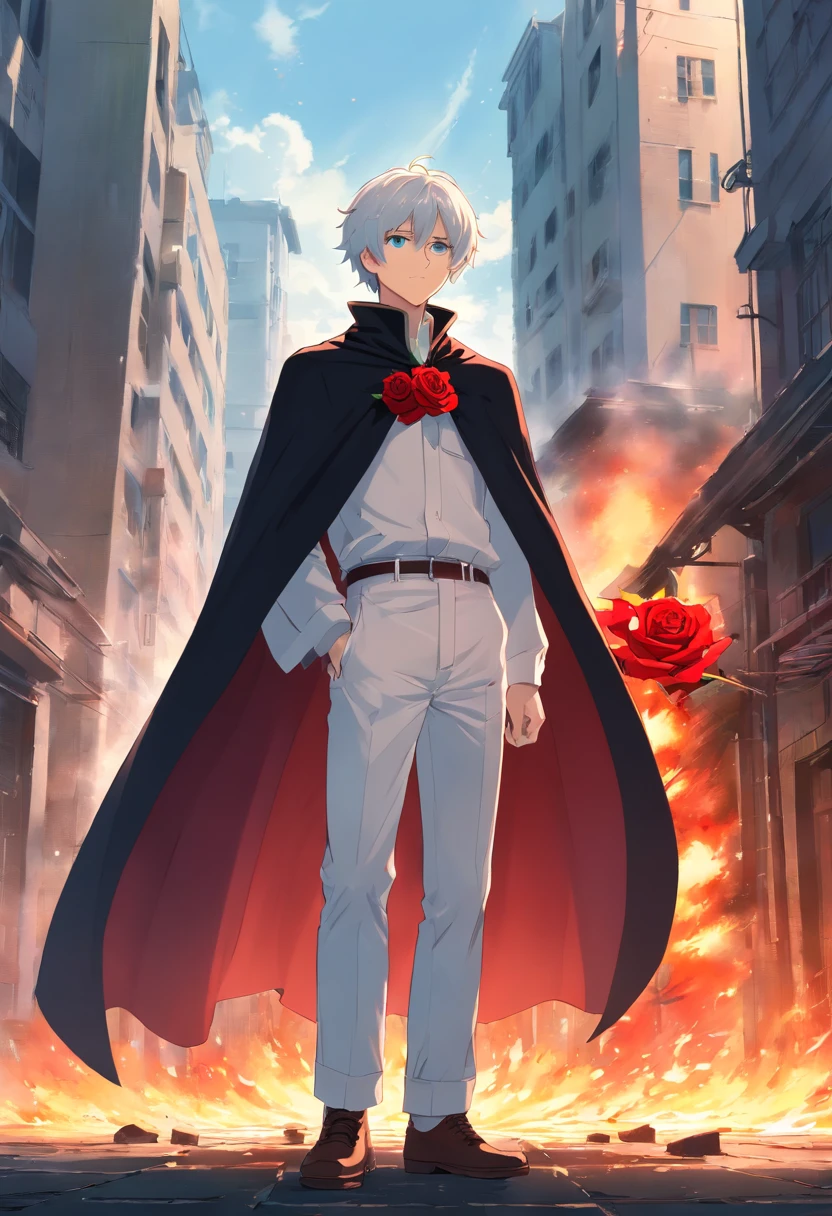 A young white-haired teenage man in a white outfit stands in a black cape holding a red rose in his left hand in front of a burning building