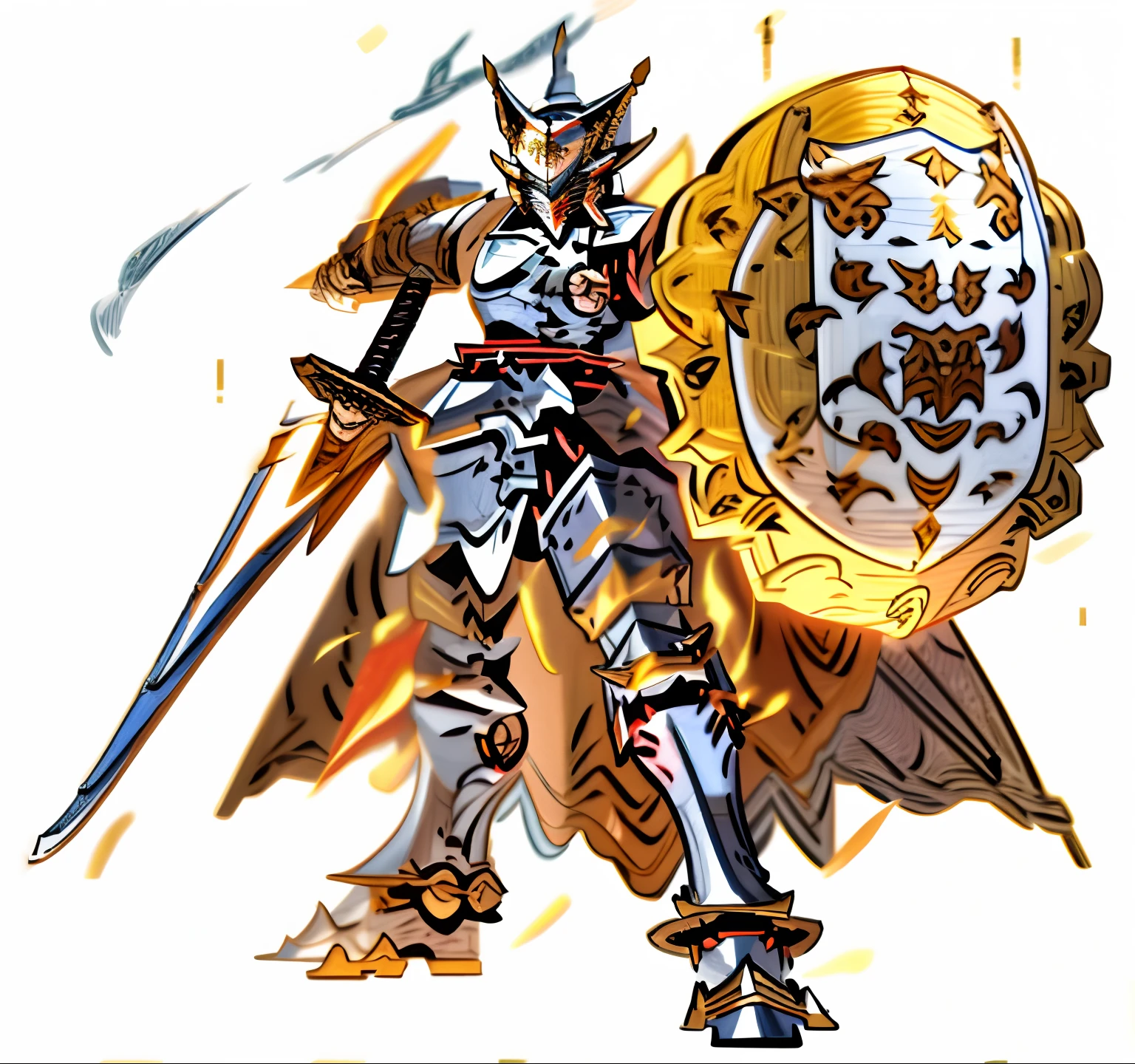 a knight with a shield, armor, heavy armor and sword, knight armored in red, flame conjuring armored, dragon knight, ultra detailed, highly detailed, japan style armor, mech armor, the golden cat armor knight, hyperrealistic
