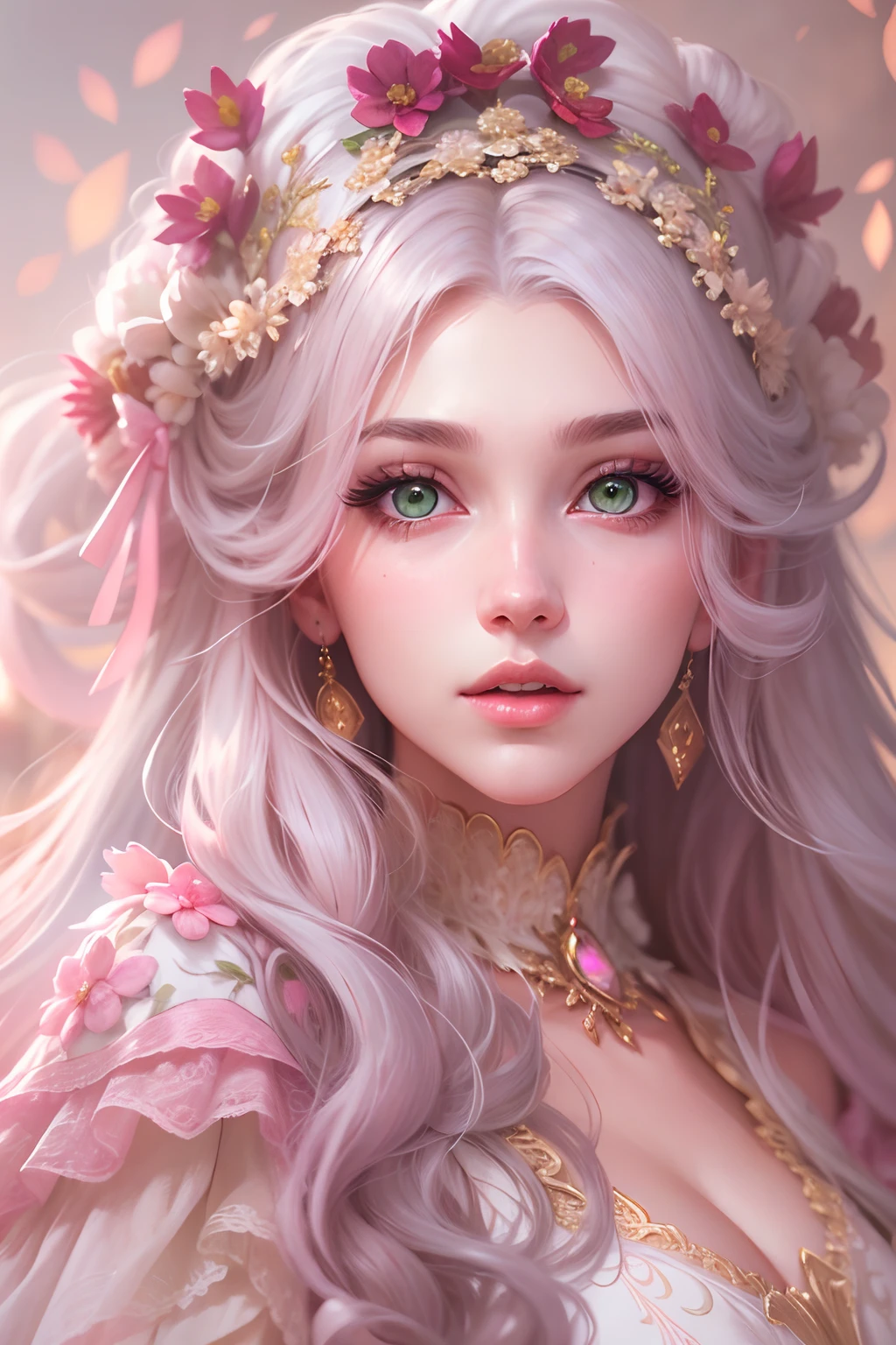 High quality, highly detailed CG unity 8k wallpaper beautiful girl, green eyes, oil painting, pink rococo gown, long white hair