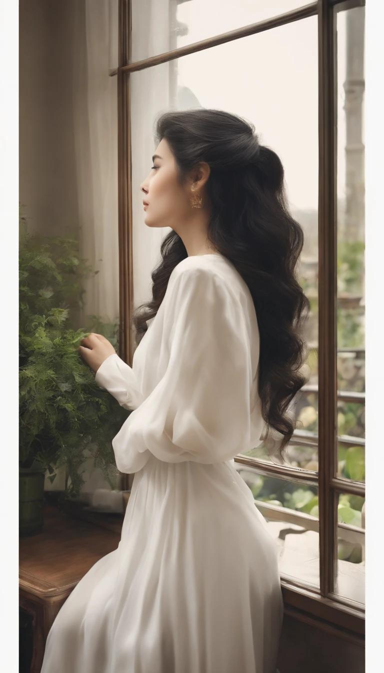 A girl watching the rain on the windowsill,is very beautiful,Delicate makeup,Perfect facial features,Asian face,black color hair,pretty eyes,A deep,Blurred,looks out the window,Light-colored clothes,White skin of the,book,Bedrooms,Extremely detailed CG,8k ultra HD wallpaper,tmasterpiece,best qualtiy,(pastelcolor,soothing tones:1.3),(Natural skin texture,hyper photorealism),(Photographic works),(Courtyard series),optic,with light glowing,a plant,Rich in detail,(deep in the night:1.4),(真实感),windowsill,A body that conforms to the structure of the human body,Beautiful posture,Beautiful and detailed,(High-density imaging:1.4)