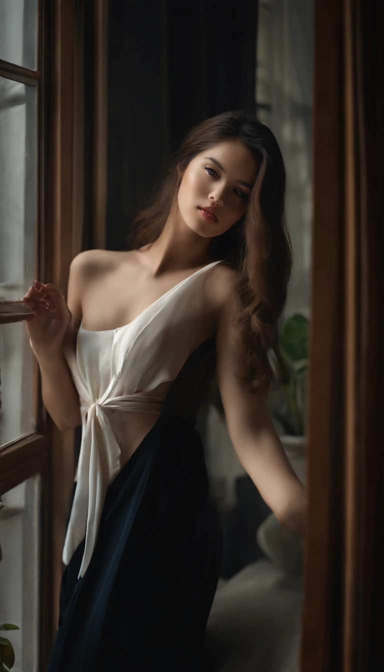 A girl watching the rain on the windowsill，is very beautiful，Delicate makeup，Perfect facial features，Asian face，black color hair，pretty eyes，A deep，Blurred，looks out the window，Light-colored clothes，White skin of the，book，Bedrooms，Extremely detailed CG，8k ultra HD wallpaper，tmasterpiece，best qualtiy，(pastelcolor，soothing tones：1.3)，（Natural skin texture，hyper photorealism），（Photographic works），（Courtyard series），optic，with light glowing，a plant，Rich in detail，（deep in the night：1.4），（真实感），windowsill，A body that conforms to the structure of the human body，Beautiful posture，Beautiful and detailed，（High-density imaging：1.4）