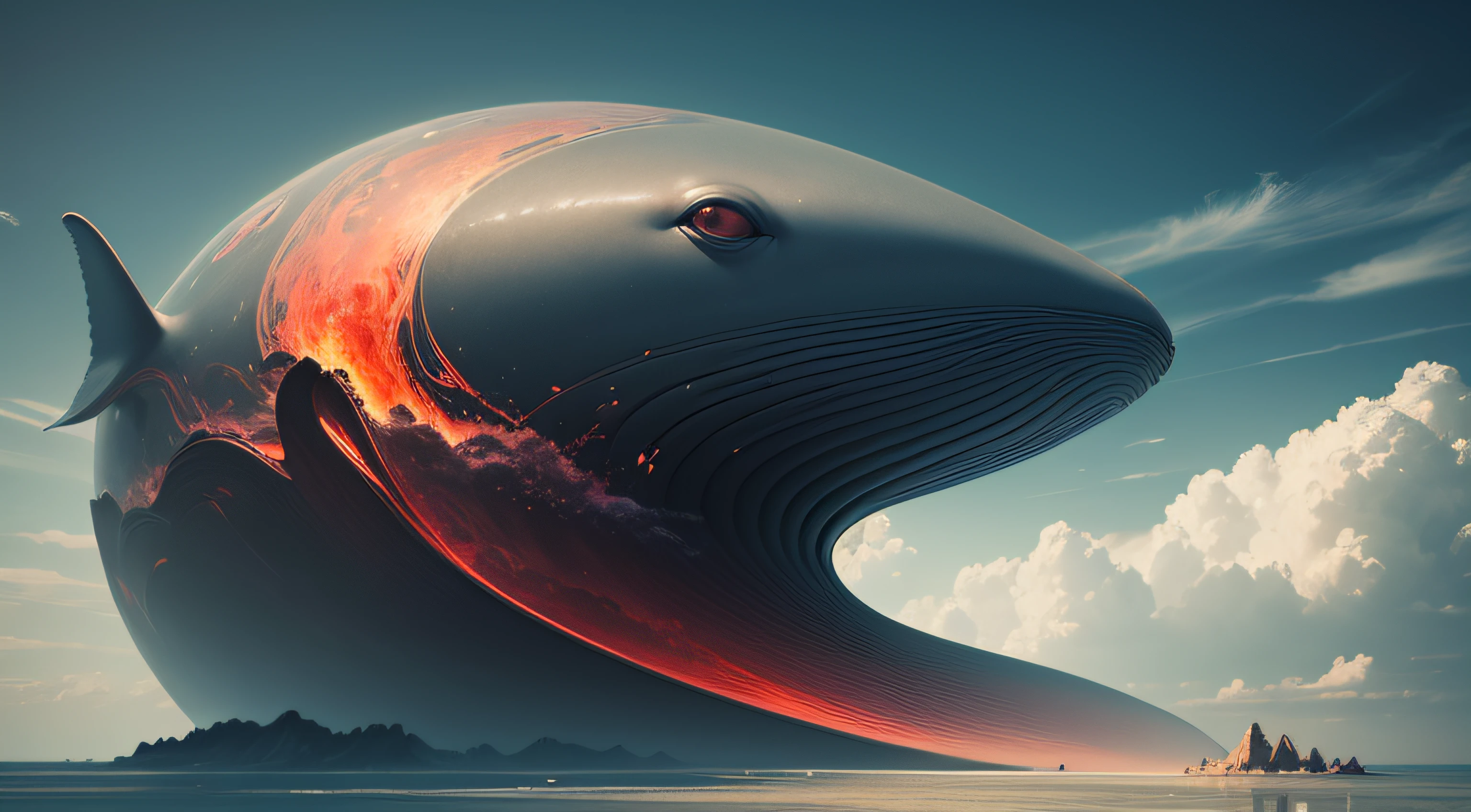 Obra-prima surrealista. qualidade excepcional. detalhes surpreendentes. Surreal CG rendering of a whale made in shades of red. A baleia tem uma mini cidade nas costas. In the background a dreamlike scenario. Experience the fusion of abstract and realistic elements. cores vibrantes e contrastantes. Atmosfera misteriosa. Surrealist technique in the representation of objects and figures. Organic textures and shapes. Dreamlike inspiration. Amazing composition and perspective. Clouds and smoky on the sides Enter a surreal world full of surprises and emotions