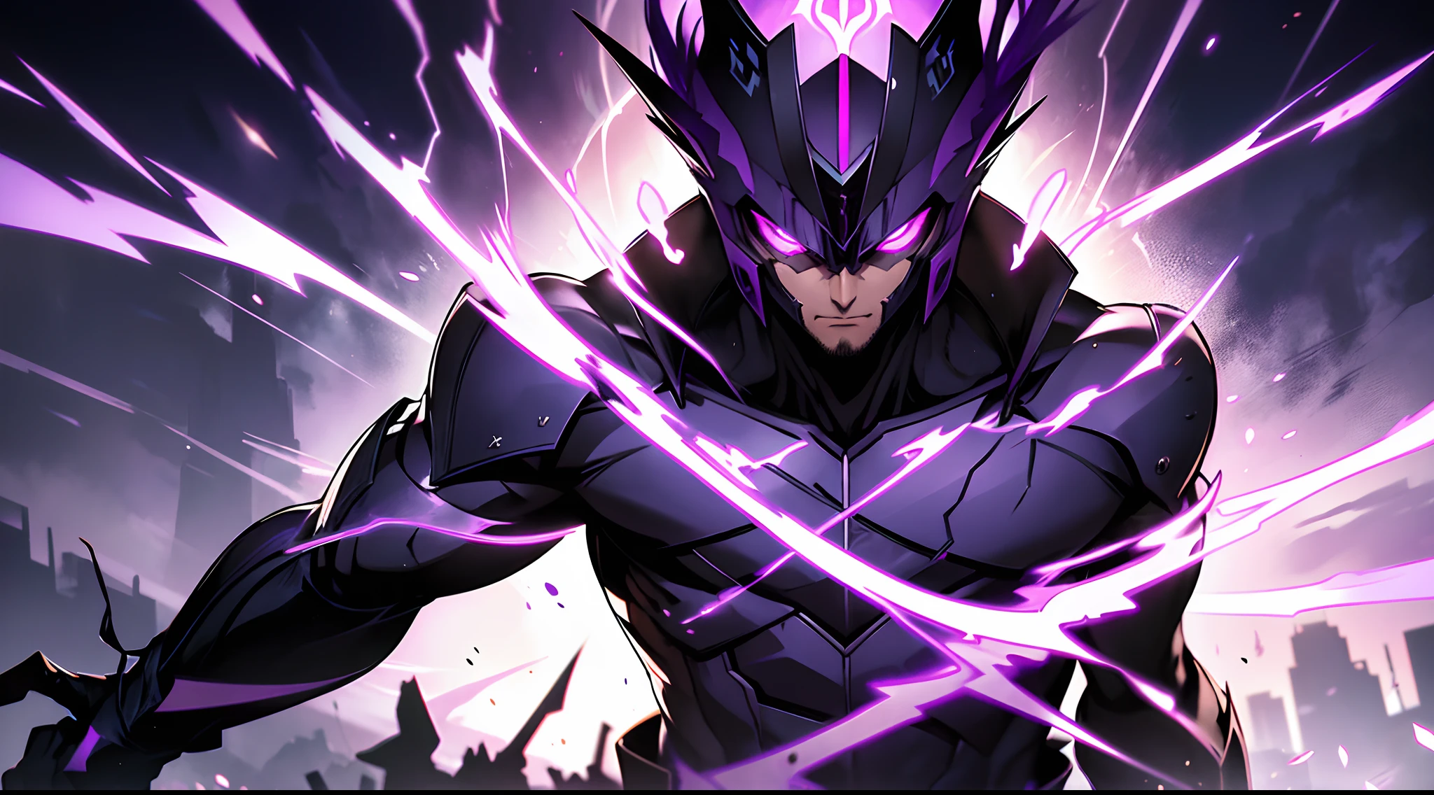 "As the purple lightning crackles around him, the shadow assassin's handsome face remains stoic and focused. His evil aura pulsates with power, as he uses his incredible rendering abilities to create a stunning display of shadows and light. With his perfect body and sharp skills, he is a force to be reckoned with."