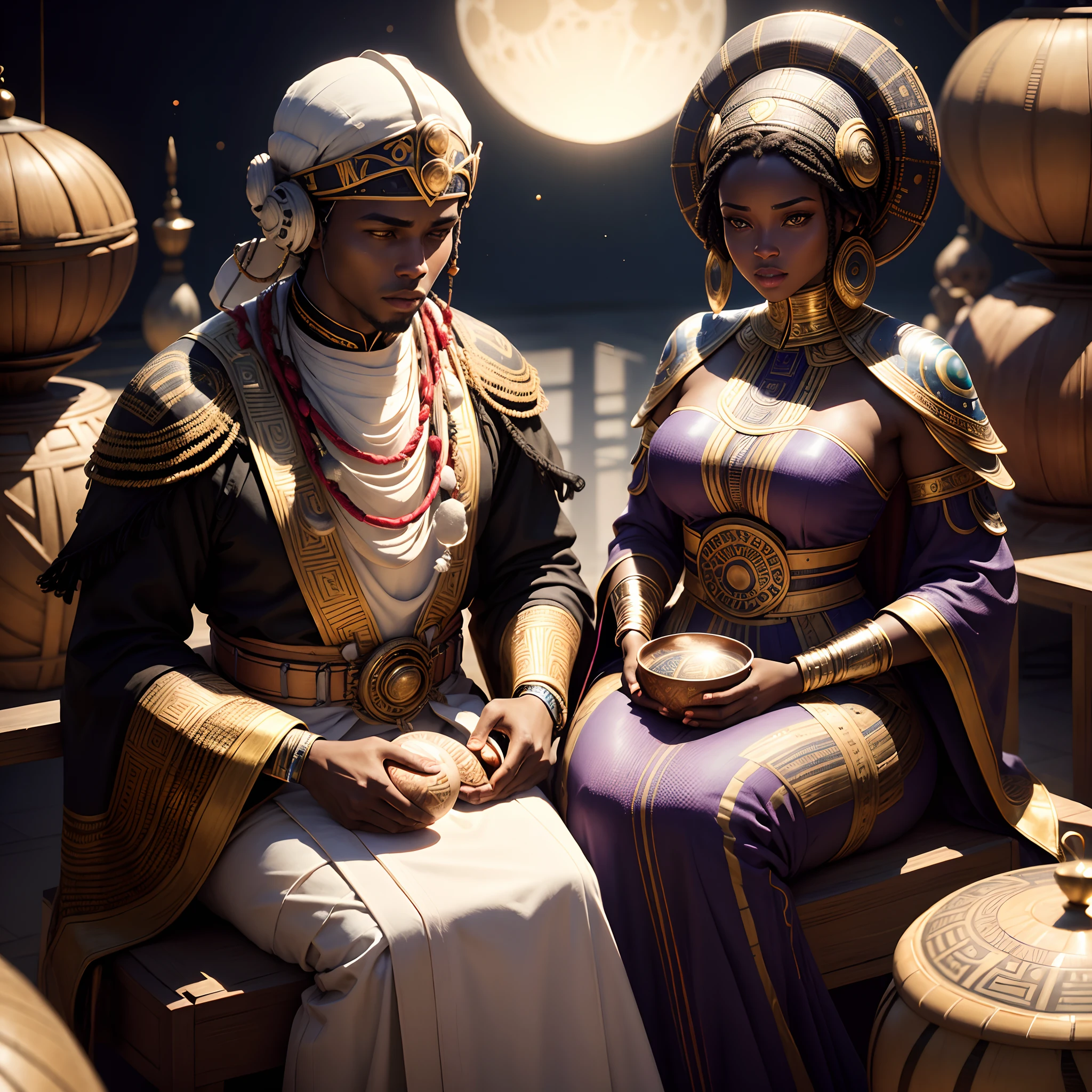 Traditional futuristic African marriage of a black man and black woman both wearing African designed helmets and African traditional clothes, sitting on floating futuristic african designed chairs, surrounded by people carrying pots and african designed instruments like drums, full of coloured African designed instruments, in an empty area full of celebrating congregation carrying african instruments and african designed pots, night time with a white moon shining a beautiful vibrant light, with iridescent light, photorealistic image, 32k, ultra HD, cinematic lighting, artgerm style