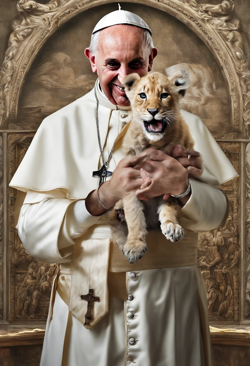 Repeat Pope Francis drinking beauty,Holding a lion