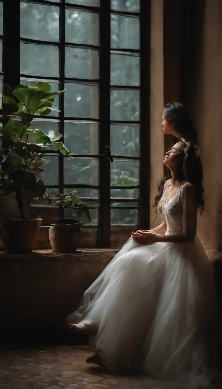 A girl watching the rain on a windowsill,looks out the window,is very beautiful,Delicate makeup,Perfect facial features,Asian face,Black color hair,pretty eyes,A deep,Blurred,looks out the window,Light-colored clothes,White skin of the,Extremely detailed CG,8K Ultra HD wallpaper,tmasterpiece,best qualtiy,(pastelcolor,soothing tones:1.3),(Natural skin texture,hyper photorealism),(Photographic works),(Courtyard series),optic,with light glowing,A plant,Rich in detail,(deep in the night:1.4),(真实感),windowsill,A body that conforms to the structure of the human body,Beautiful posture,Beautiful and detailed,(High-density imaging:1.4)