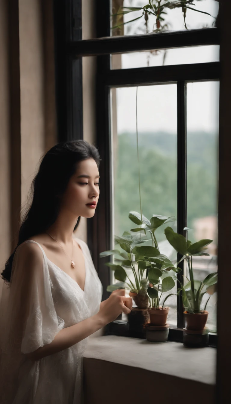 A girl watching the rain on a windowsill，looks out the window，is very beautiful，Delicate makeup，Perfect facial features，Asian face，Black color hair，pretty eyes，A deep，Blurred，looks out the window，Light-colored clothes，White skin of the，Extremely detailed CG，8K Ultra HD wallpaper，tmasterpiece，best qualtiy，(pastelcolor，soothing tones：1.3)，（Natural skin texture，hyper photorealism），（Photographic works），（Courtyard series），optic，with light glowing，A plant，Rich in detail，（deep in the night：1.4），（真实感），windowsill，A body that conforms to the structure of the human body，Beautiful posture，Beautiful and detailed，（High-density imaging：1.4）