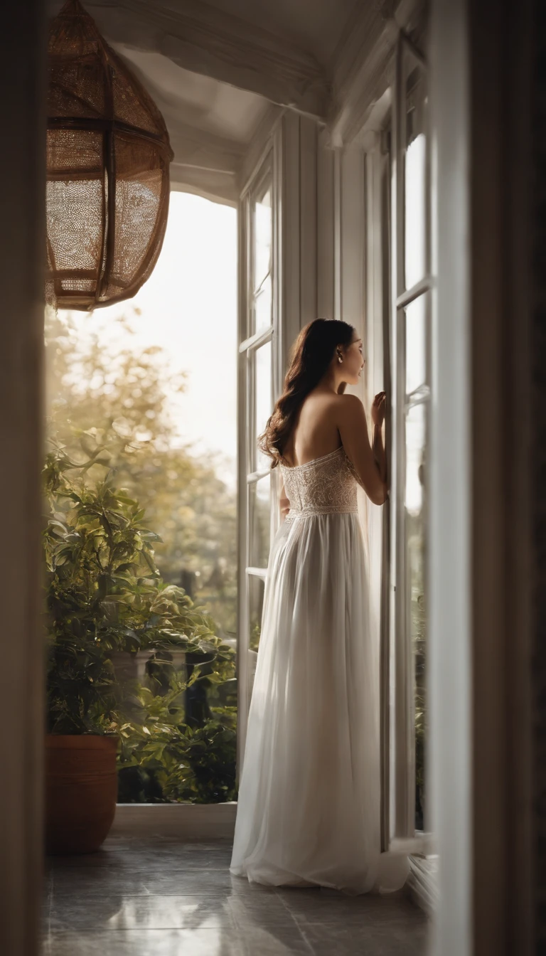 A girl watching the rain on a windowsill,looks out the window,is very beautiful,Delicate makeup,Perfect facial features,Asian face,Black color hair,pretty eyes,A deep,Blurred,looks out the window,Light-colored clothes,White skin of the,Extremely detailed CG,8K Ultra HD wallpaper,tmasterpiece,best qualtiy,(pastelcolor,soothing tones:1.3),(Natural skin texture,hyper photorealism),(Photographic works),(Courtyard series),optic,with light glowing,A plant,Rich in detail,(deep in the night:1.4),(真实感),windowsill,A body that conforms to the structure of the human body,Beautiful posture,Beautiful and detailed,(High-density imaging:1.4)