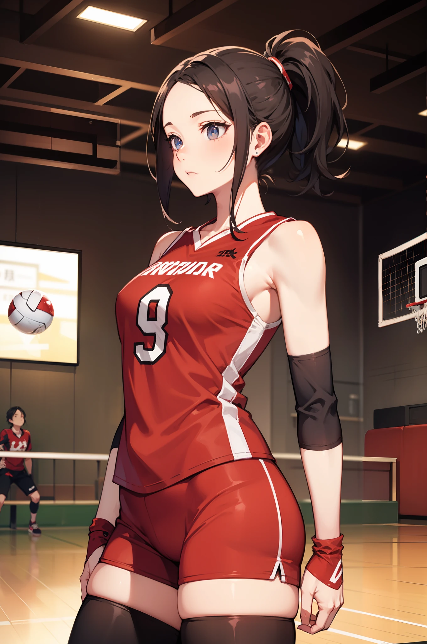 (best quality, 8K, high resolution, masterpiece:1.2), anime art style, yukine chris, 1 girl, perfect face, perfect eyes, large medium breasts, silver hair, low twin tails, pink hair ribbon purple eyes, thin twin tails, long hair, soft expression, alone, (volleyball wear, gymnasium, stylish pose, stylish angle, cowboy shot), viewer appreciation
