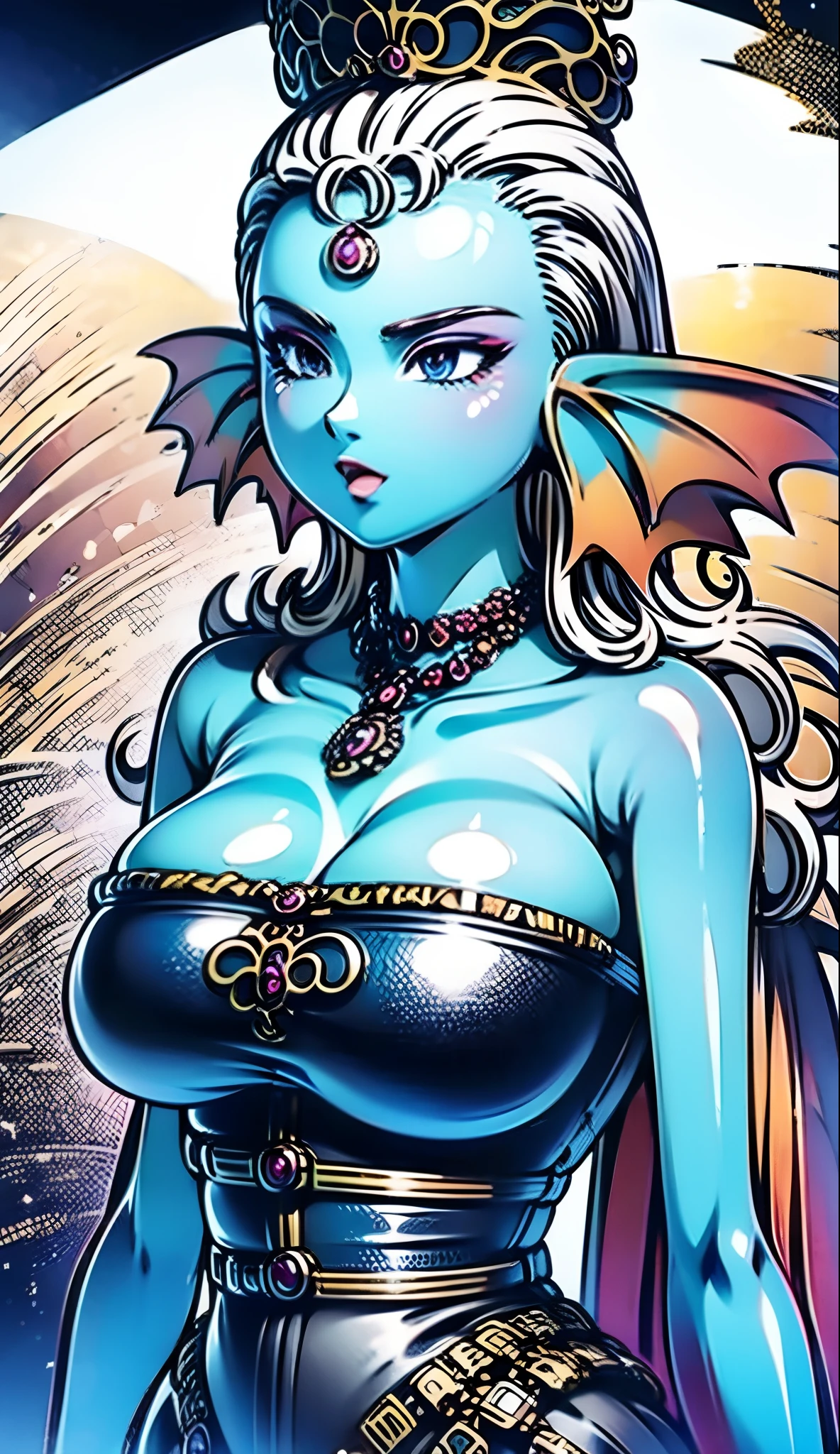 8K,high quality,anime,married woman,beautiful,clean,bright,highlights in eyes,sexy,super big tits,oversized boobs,beautiful line drawing. Blue skin, well drawn ears, blue and orange gradient fins, nude (100), white hair,