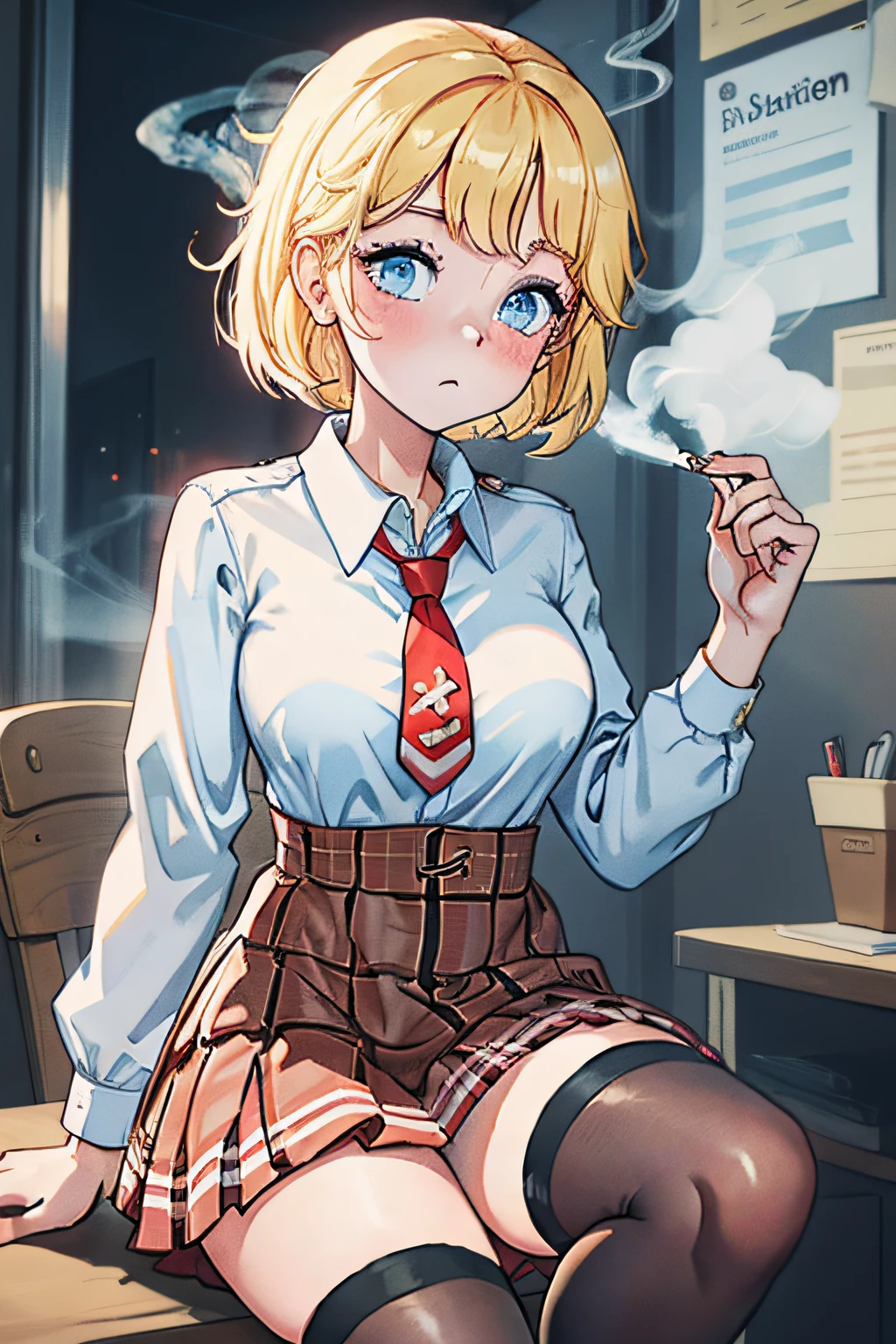 amelia_detective, collared shirt, red necktie, plaid skirt, thighhighs ,smoking