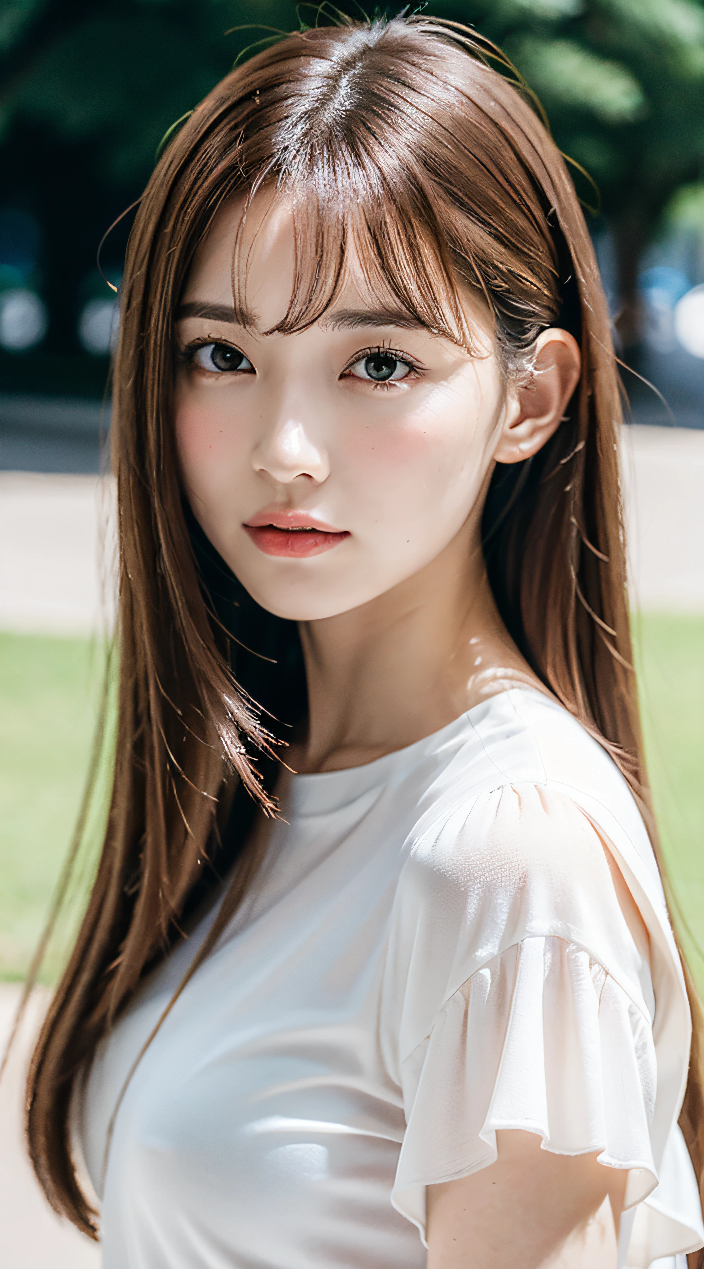 1womanl, up of face, mideum breasts, light brown hair, Blunt bangs, hair behind ear, hair over shoulder, Long hair, slender body shape, Ultra Fine Face, Thin face, Delicate lips, Beautiful eyes, thin blush, eyes are light brown, perfect glossy skin, flawless skin, Glistening sweat,View here, Ultra-thin hands, Ultra-fine fingers, (realisitic:1.3), Finger Extensions, See-through white blouse. An amusement park, One-person viewpoint, Fuji Film, F/1.2, 8K, masutepiece, nffsw, Super Detail, High quality, Best Quality, hight resolution
