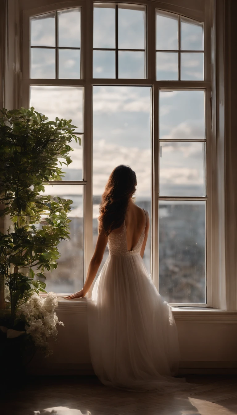 A girl watching the rain on a windowsill，is very beautiful，Delicate makeup，Perfect facial features，Asian face，Black color hair，pretty eyes，A deep，Blurred，looks out the window，Light-colored clothes，White skin of the，book，Bedrooms，Extremely detailed CG，8K Ultra HD wallpaper，tmasterpiece，best qualtiy，(pastelcolor，soothing tones：1.3)，（Natural skin texture，hyper photorealism），（Photographic works），（Courtyard series），optic，with light glowing，A plant，Rich in detail，（deep in the night：1.4），（真实感），windowsill，A body that conforms to the structure of the human body，Quiet，Beautiful and detailed，（High-density imaging：1.4）